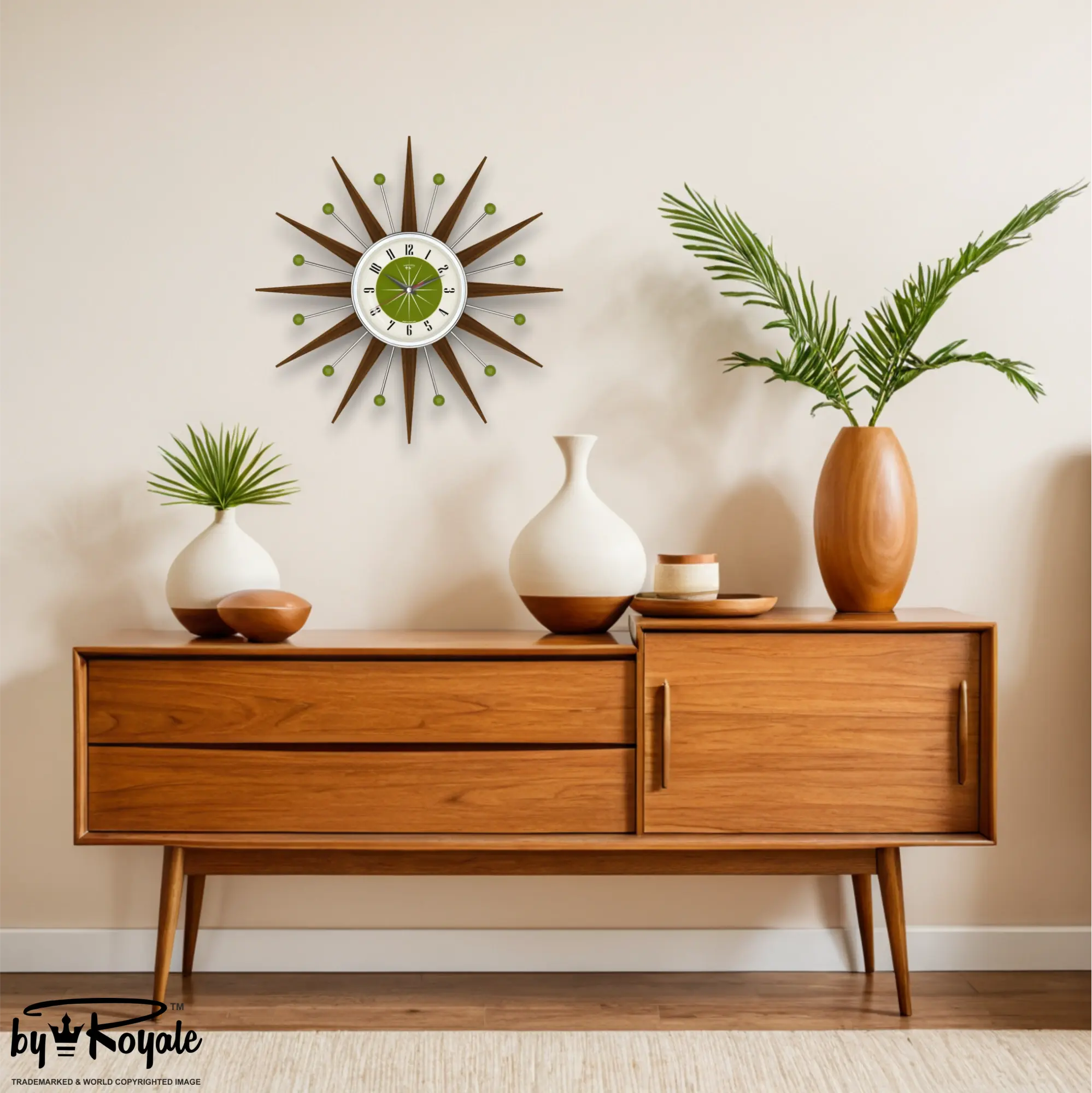 Mid Century Modern Starburst Wall Clock By Royale - Welby in Avocado Green