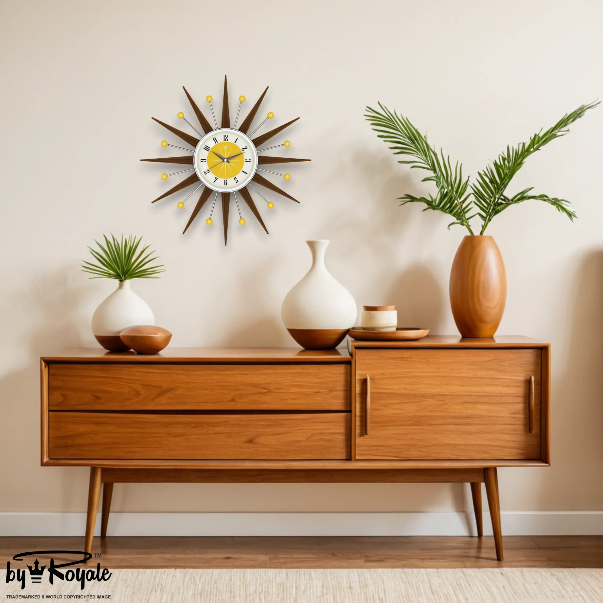 Mid Century Modern Starburst Wall Clock By Royale - Welby in Yellow