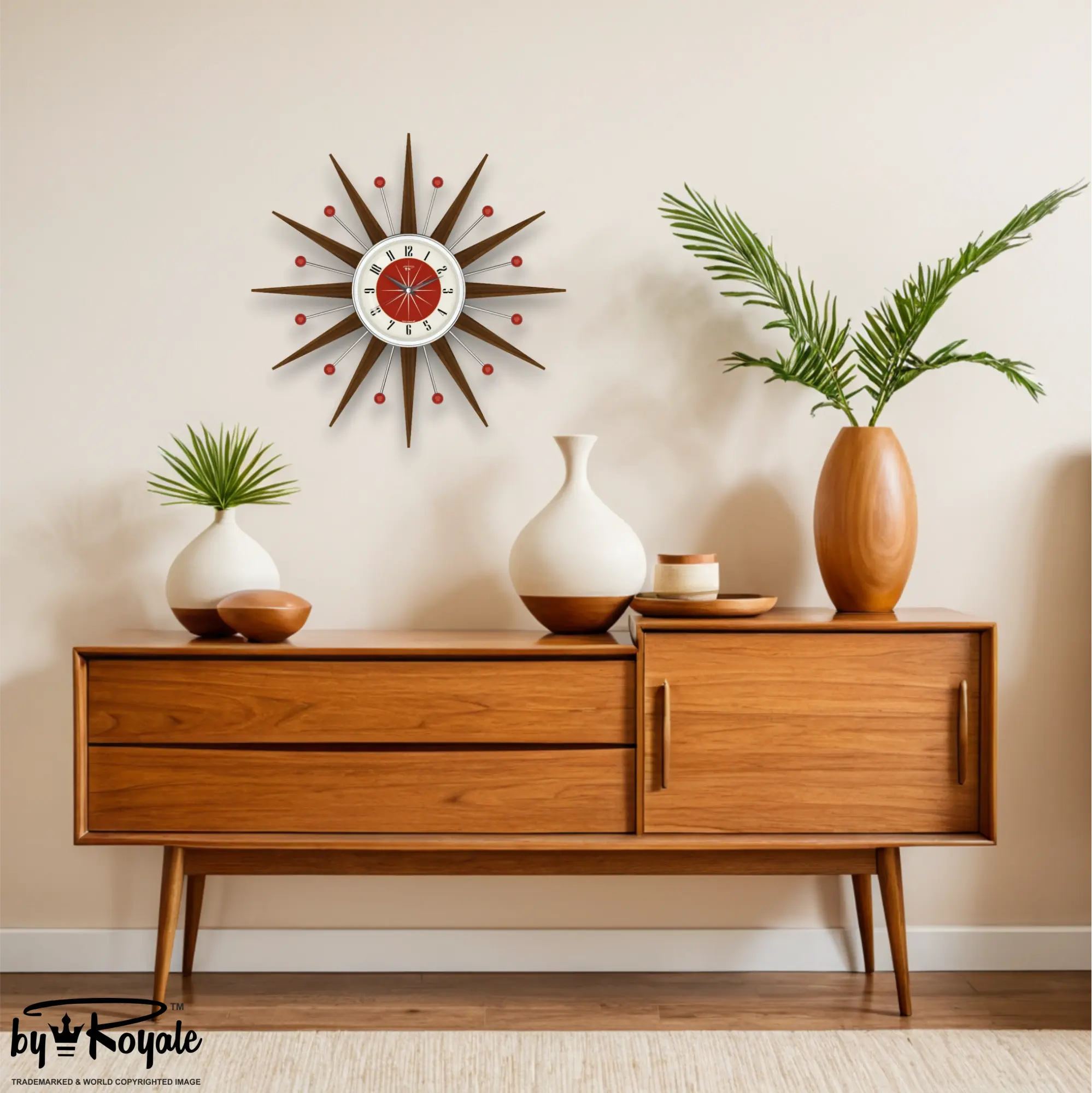 Mid Century Modern Starburst Wall Clock By Royale - Welby in Tomato Red