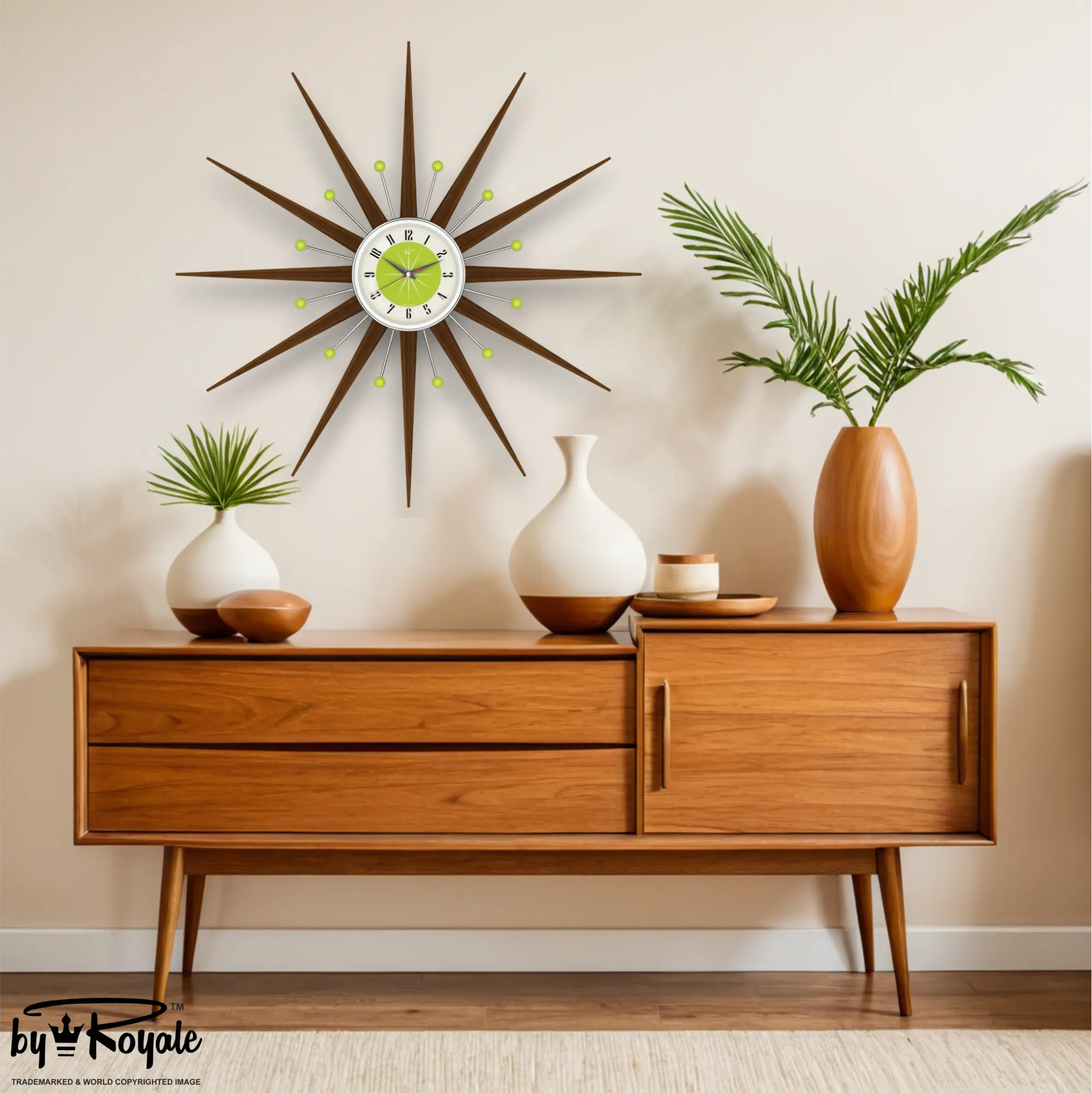 Mid Century Modern Starburst Wall Clock By Royale - Welby in Chartreuse Green