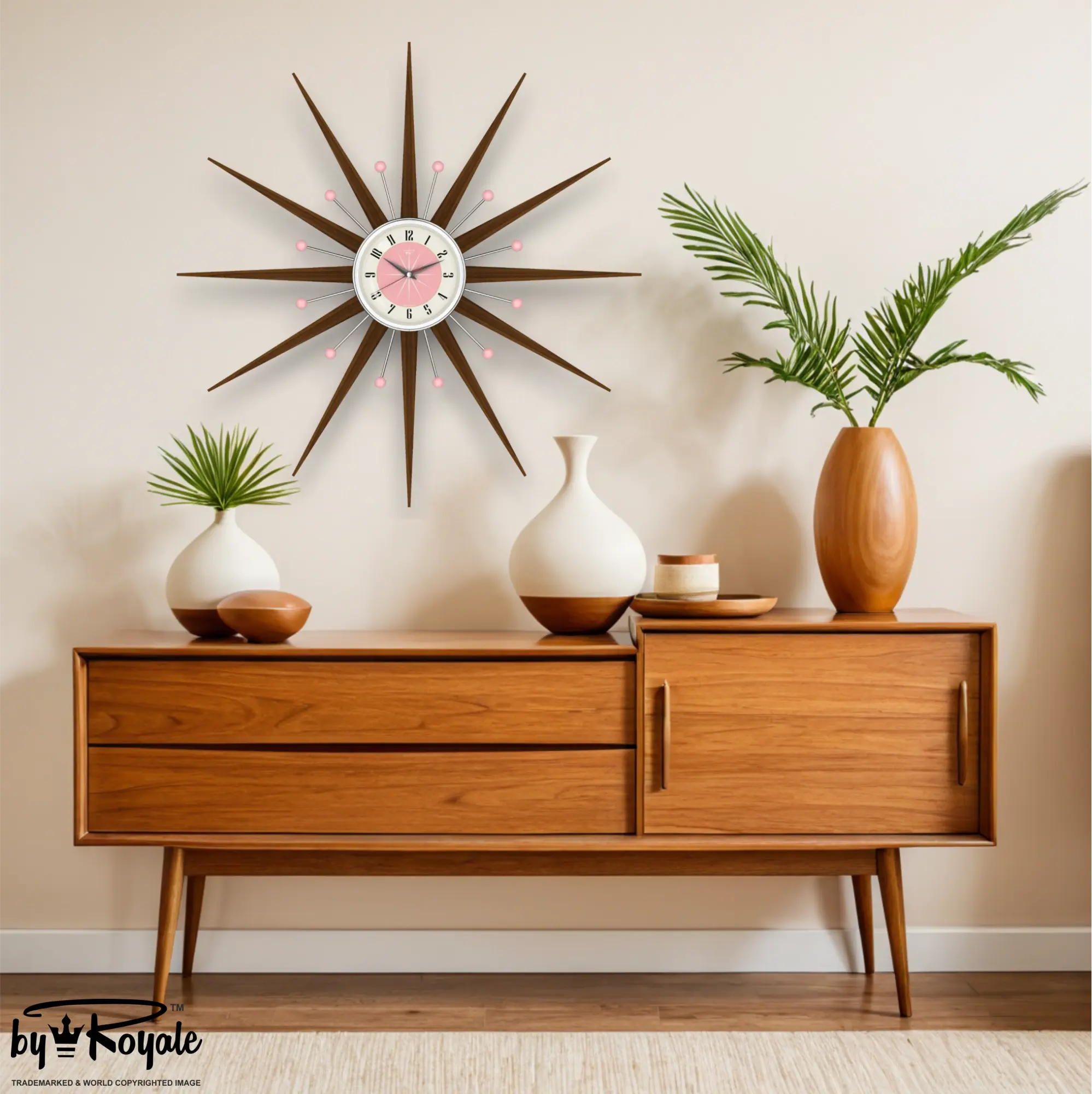 Mid Century Modern Starburst Wall Clock By Royale – Welby in Pink