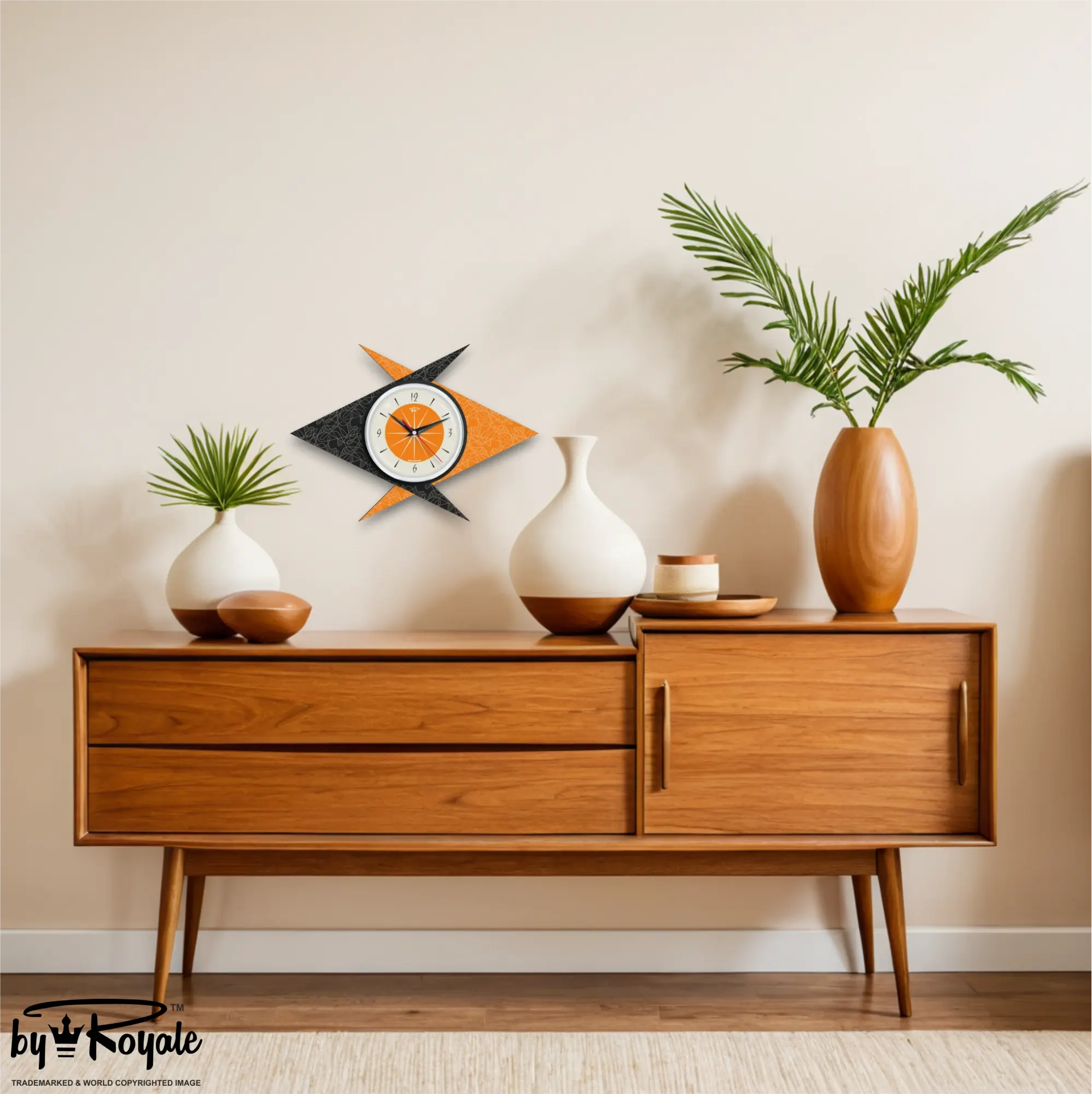 Mid Century Modern Royalexe Laminate Clock By Royale - Double Boomerang Orange