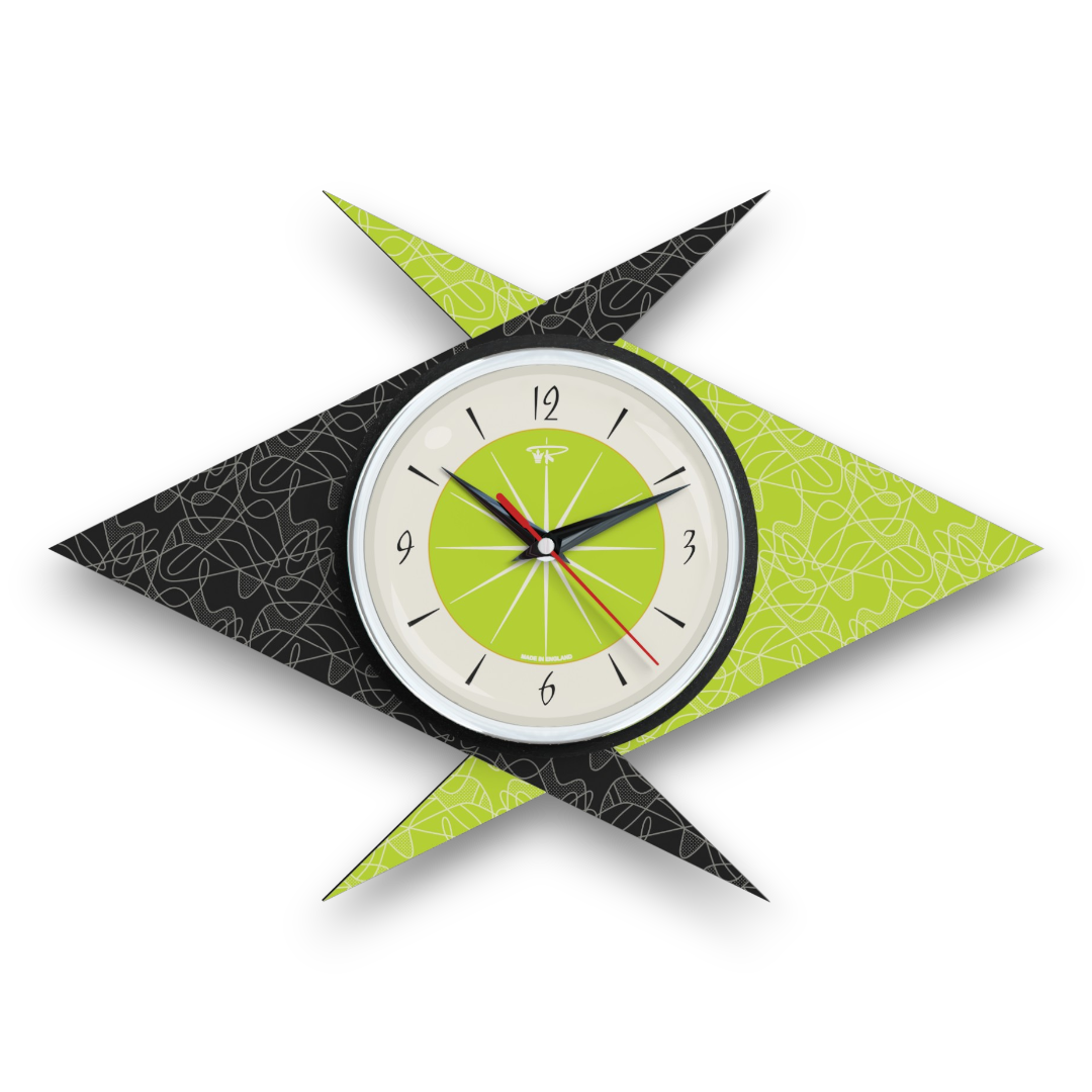 Mid Century Modern Royalexe Laminate Clock By Royale - Double Boomerang Chartreuse