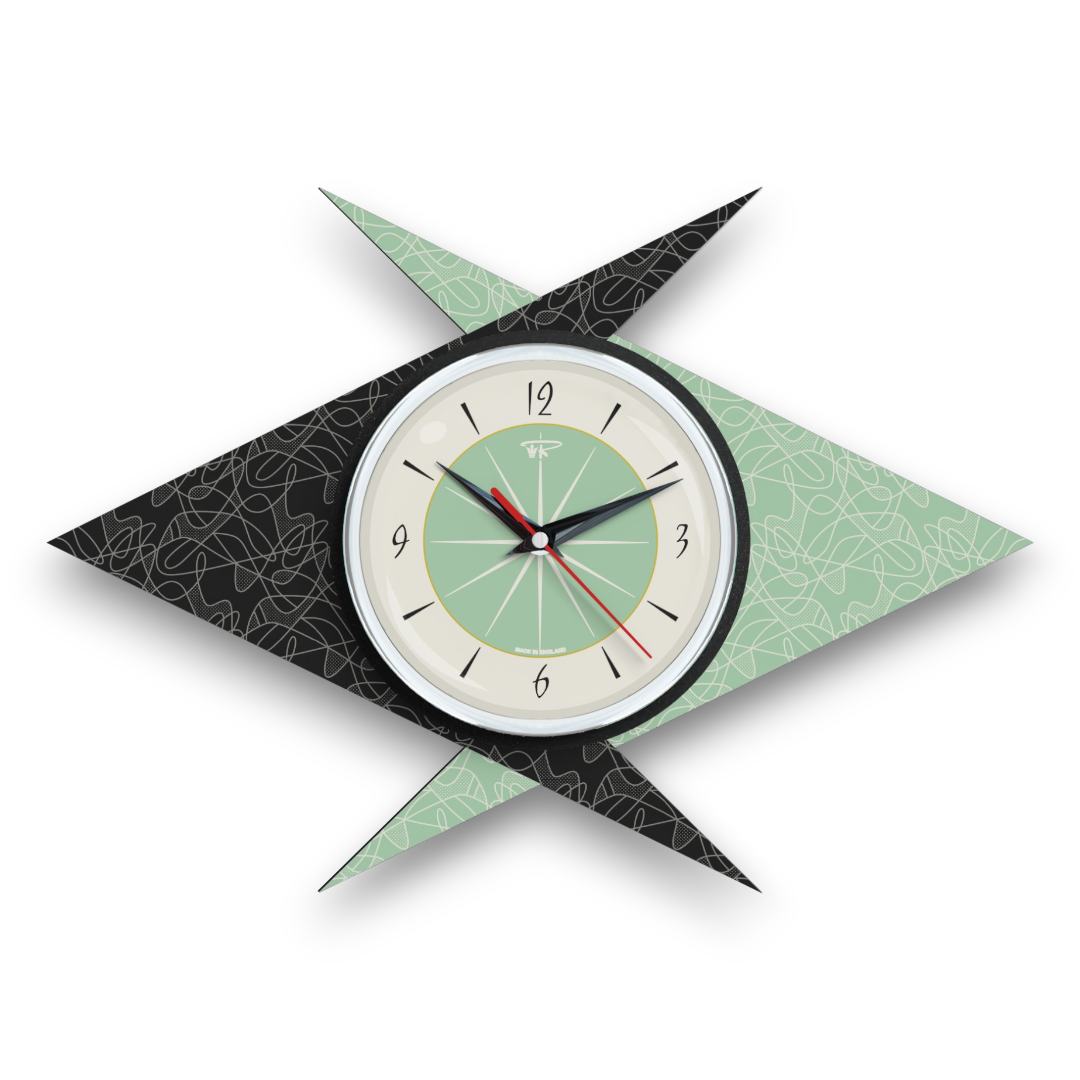 Mid Century Modern Royalexe Laminate Clock By Royale - Double Boomerang Mint Green