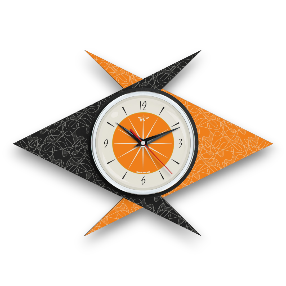 Mid Century Modern Royalexe Laminate Clock By Royale - Double Boomerang Orange