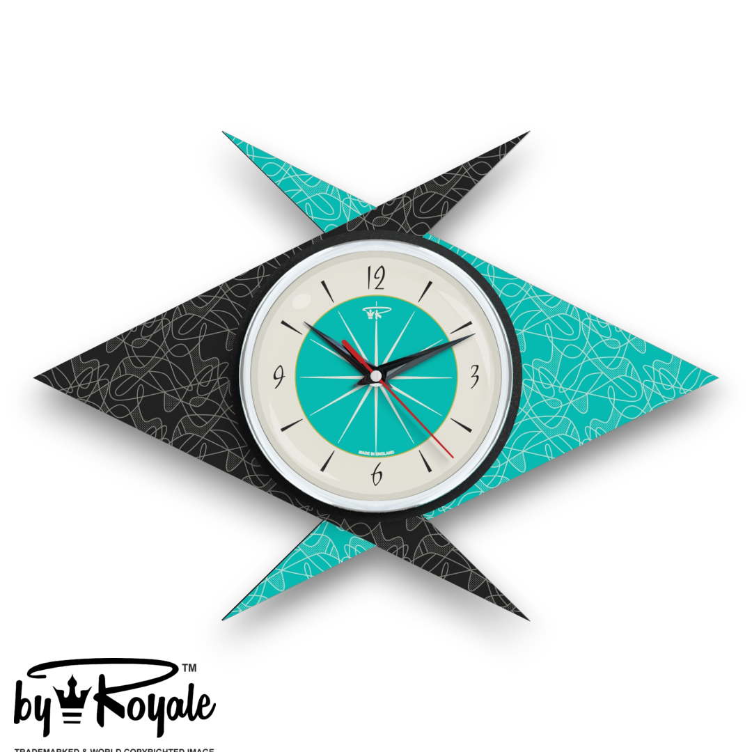 Mid Century Modern Royalexe Laminate Clock By Royale - Double Boomerang Turquoise