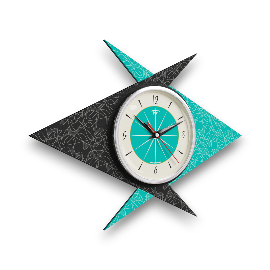 Mid Century Modern Royalexe Laminate Clock By Royale - Double Boomerang Turquoise gallery image