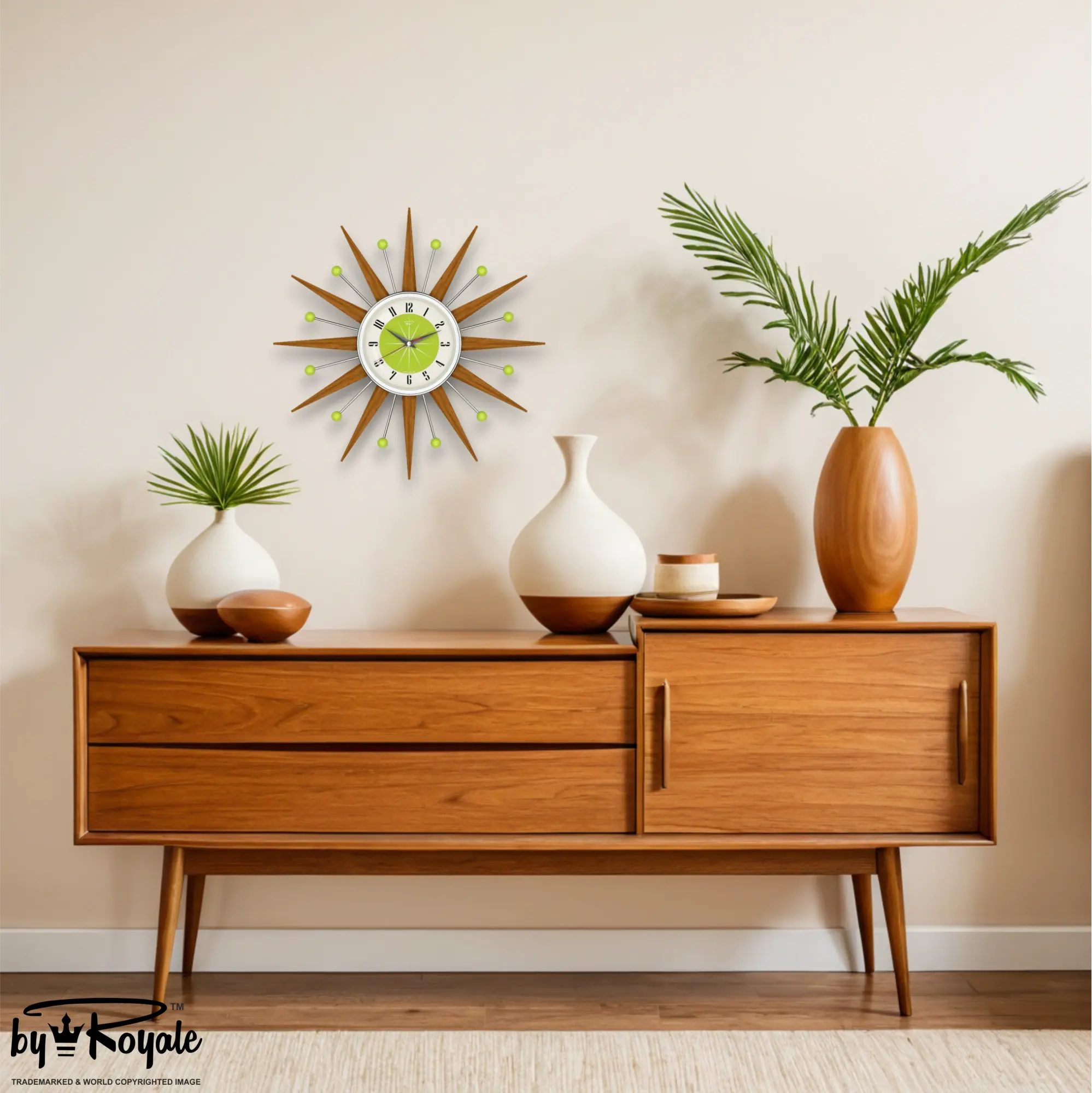 Mid Century Modern Starburst Wall Clock By Royale - Welby in Chartreuse Green