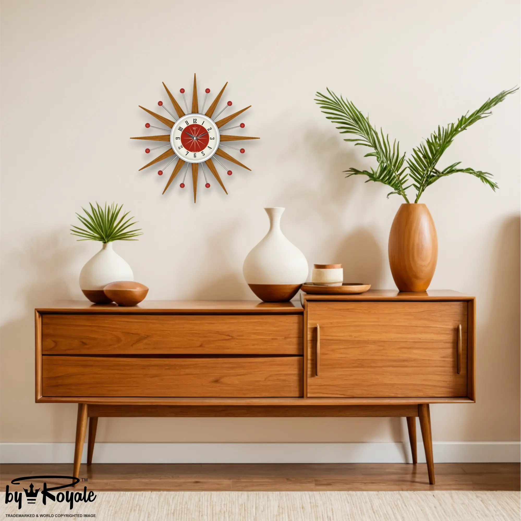 Mid Century Modern Starburst Wall Clock By Royale - Welby in Tomato Red