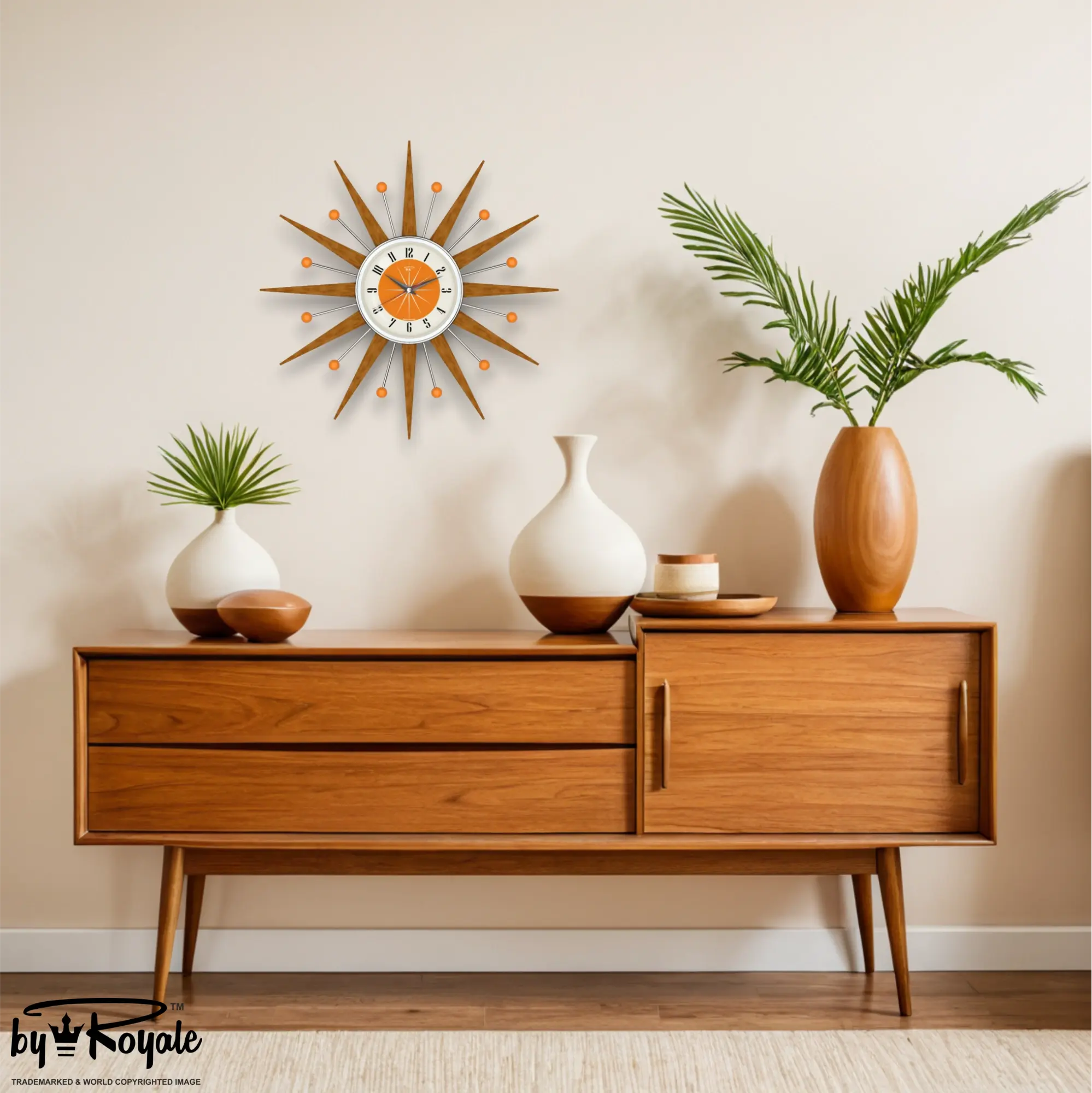Mid Century Modern Starburst Wall Clock By Royale - Welby in Tangerine Orange