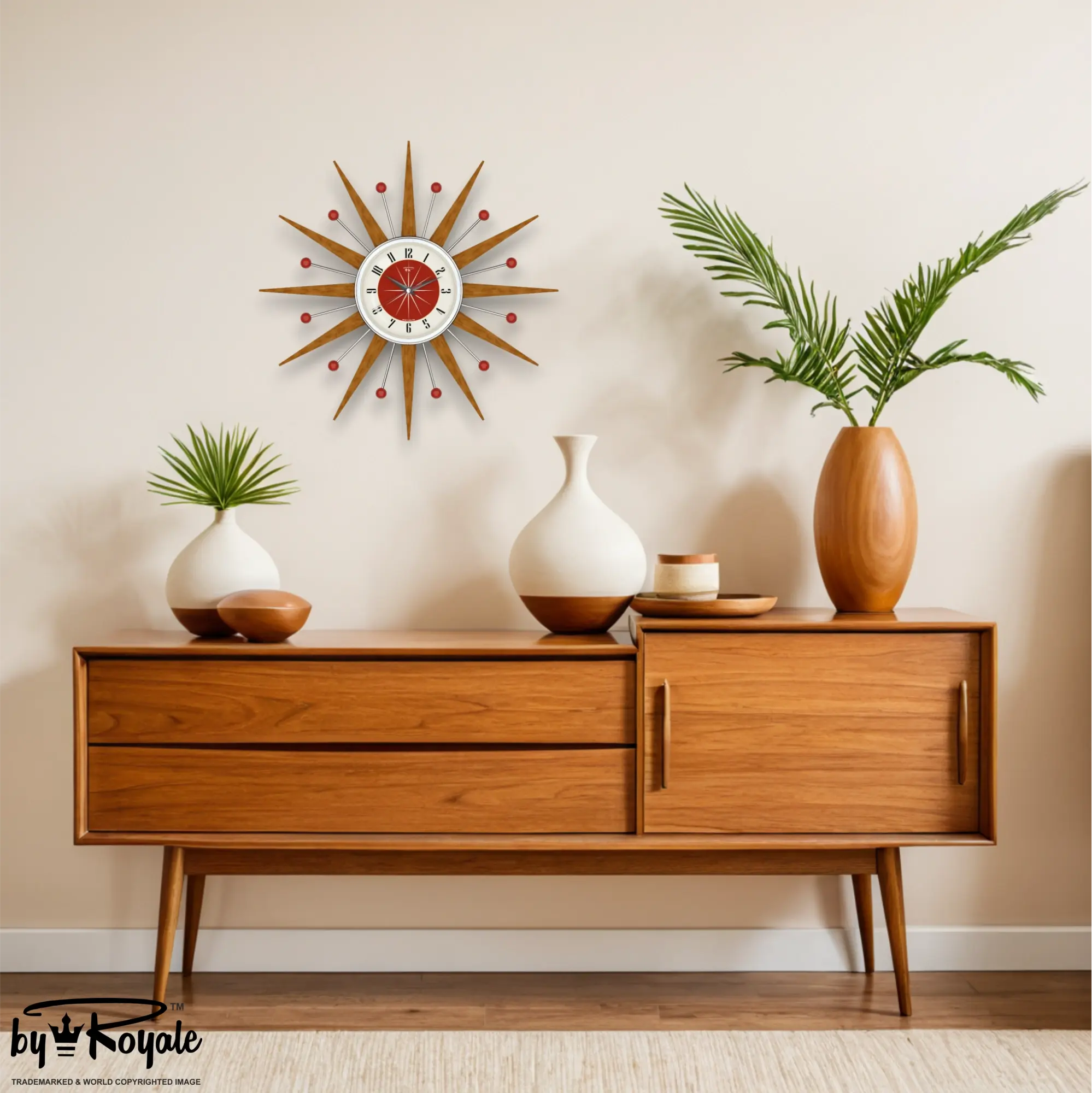 Mid Century Modern Starburst Wall Clock By Royale - Welby in Tomato Red