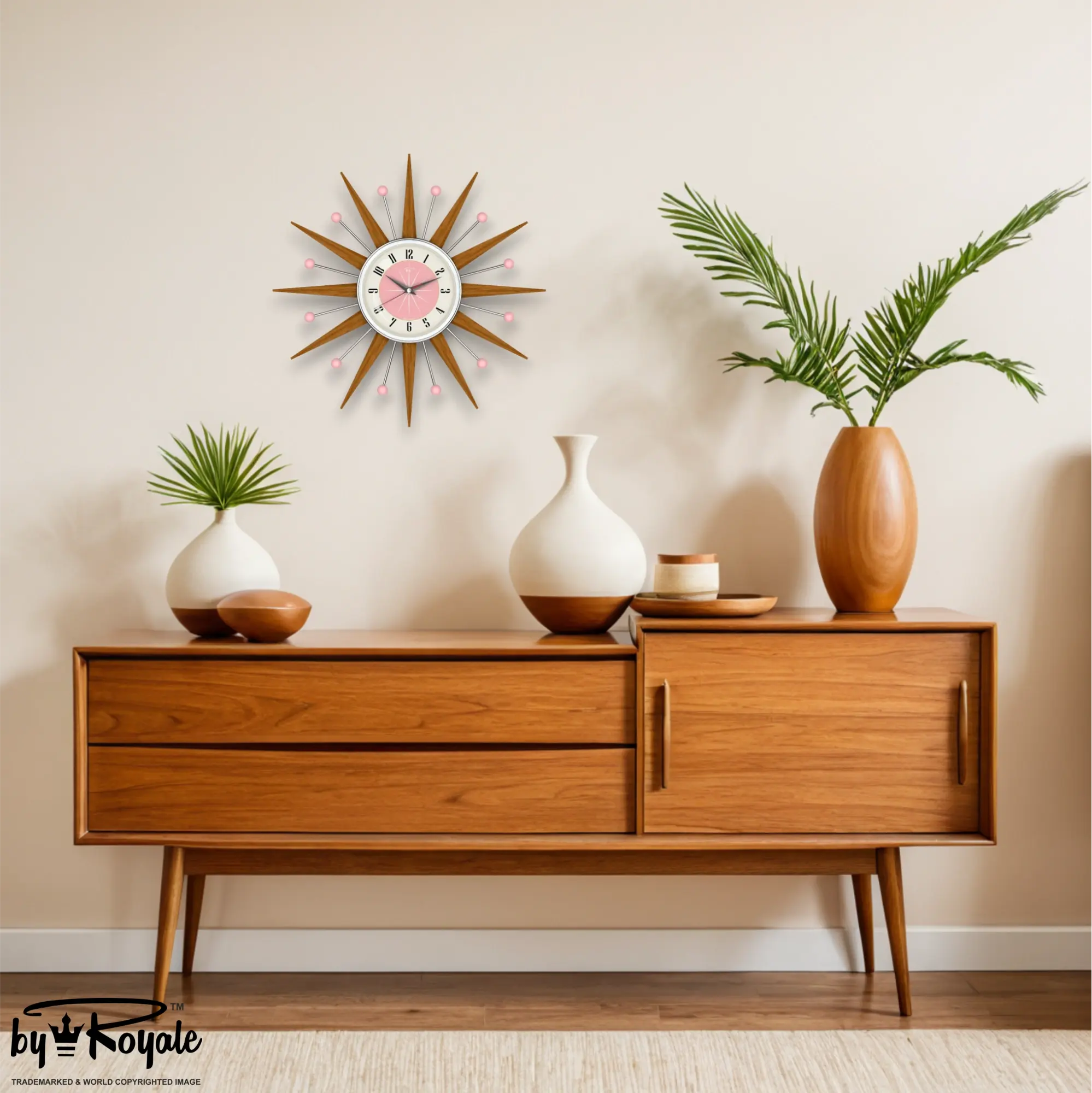 Mid Century Modern Starburst Wall Clock By Royale – Welby in Pink