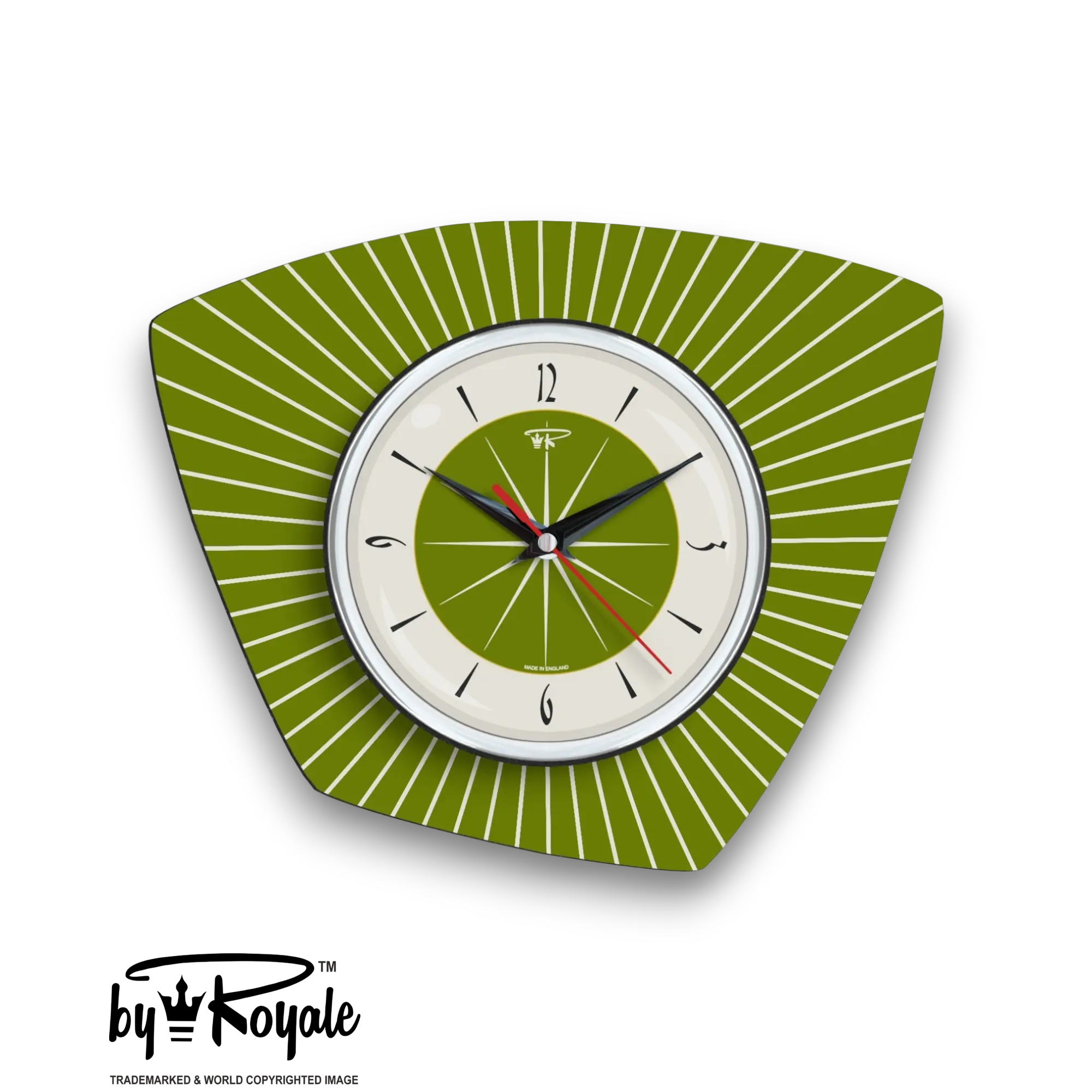 Mid Century Modern Royalexe Laminate Clock By Royale - Asymmetric in Avocado