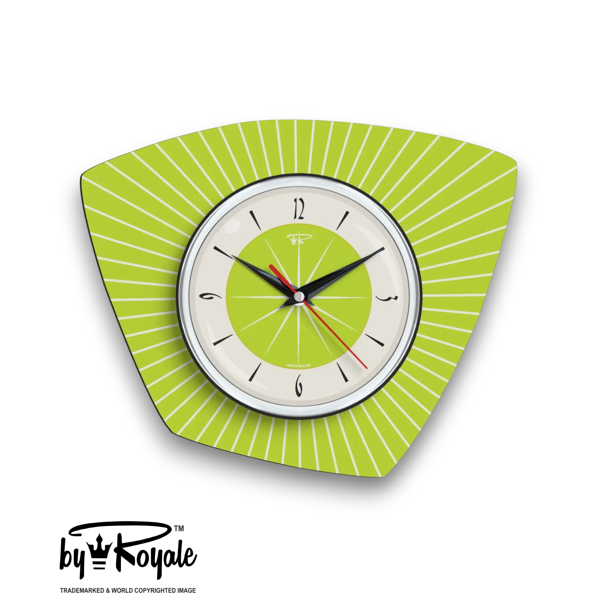 Mid Century Modern Royalexe Laminate Clock By Royale - Asymmetric in Chartreuse