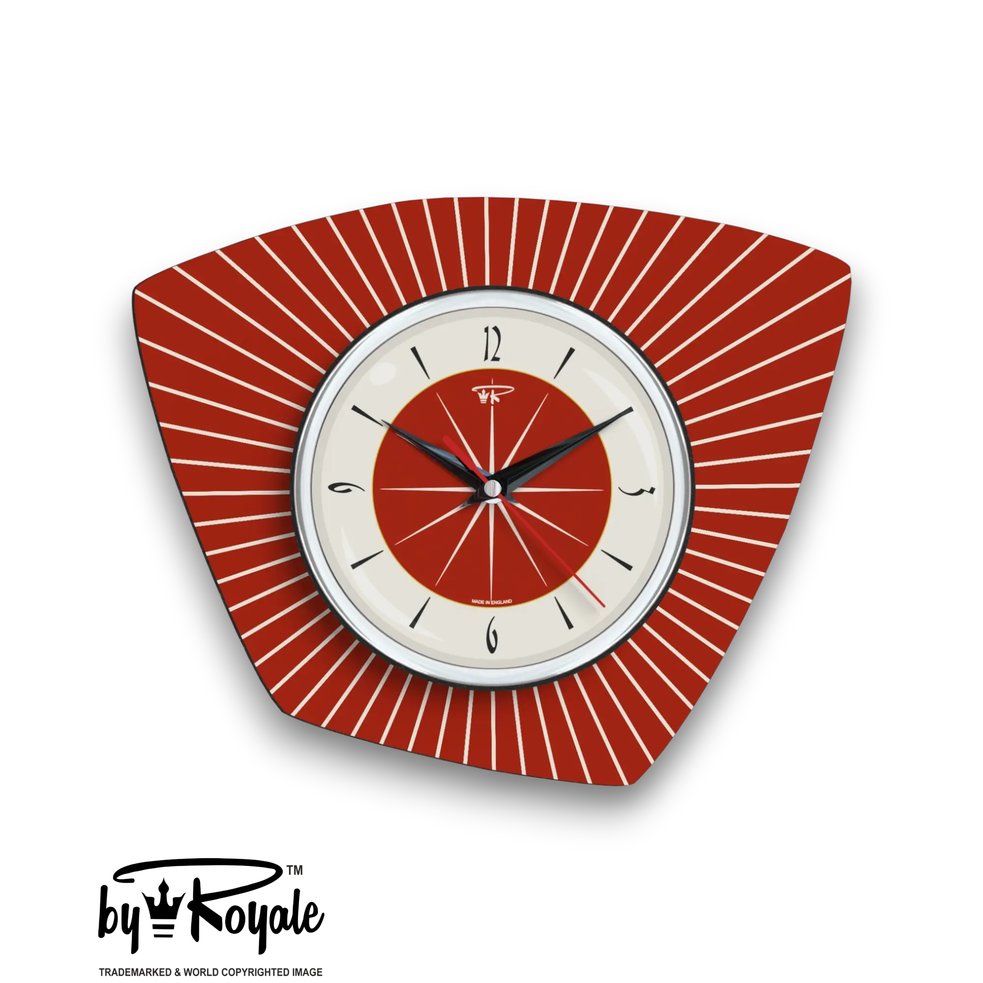 Mid Century Modern Royalexe Laminate Clock By Royale - Asymmetric in Tomato Red