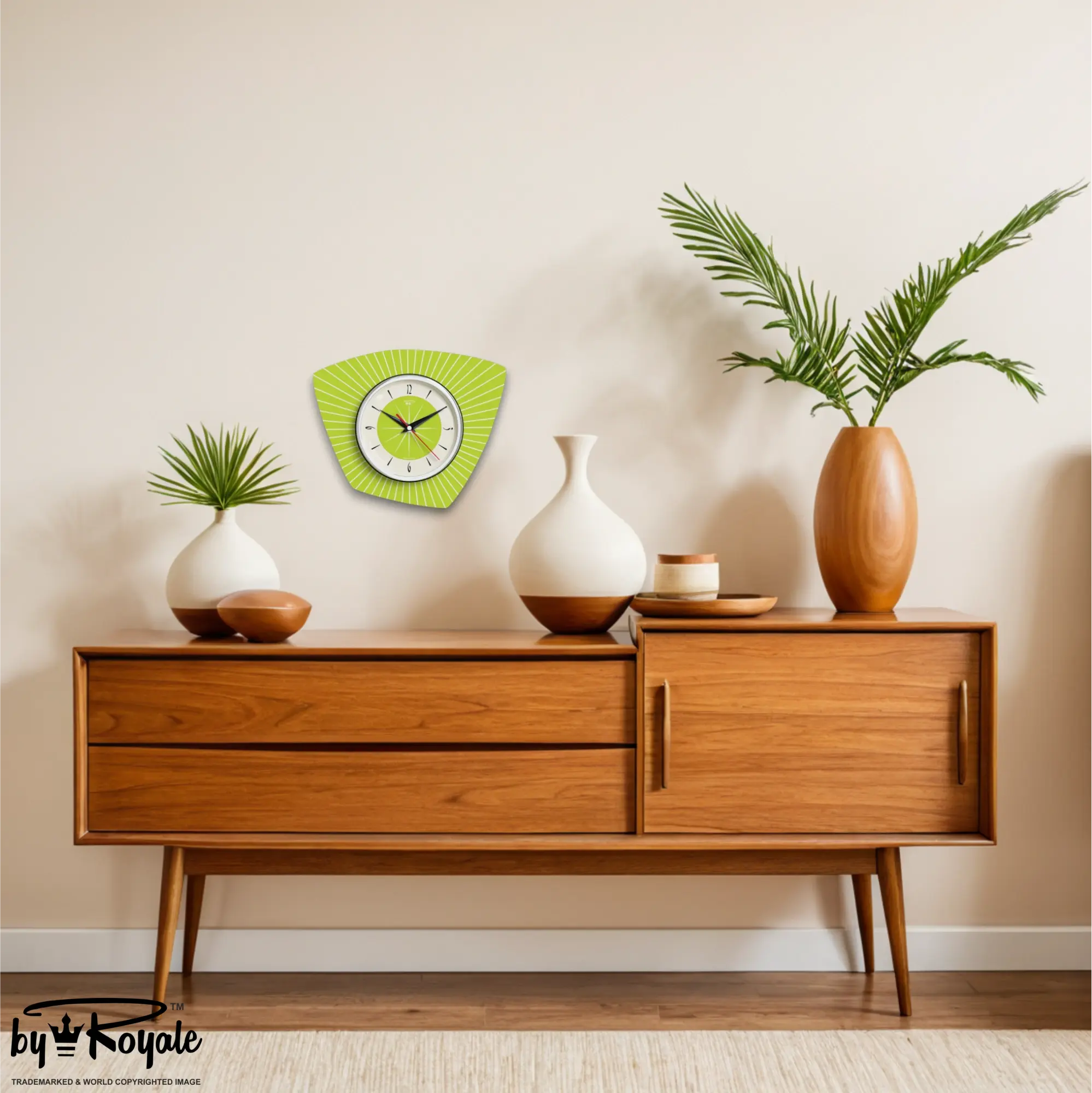 Mid Century Modern Royalexe Laminate Clock By Royale - Asymmetric in Chartreuse