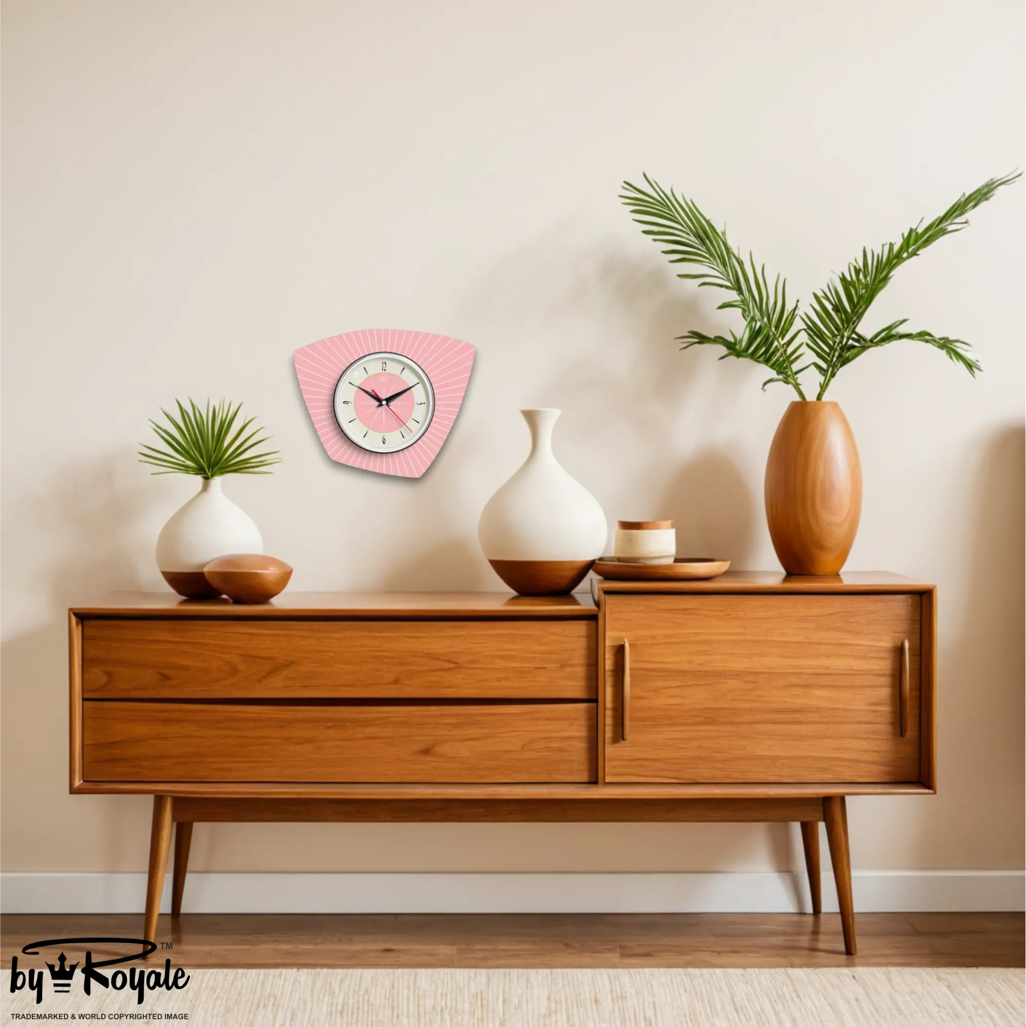 Mid Century Modern Royalexe Laminate Clock By Royale - Asymmetric in Pink