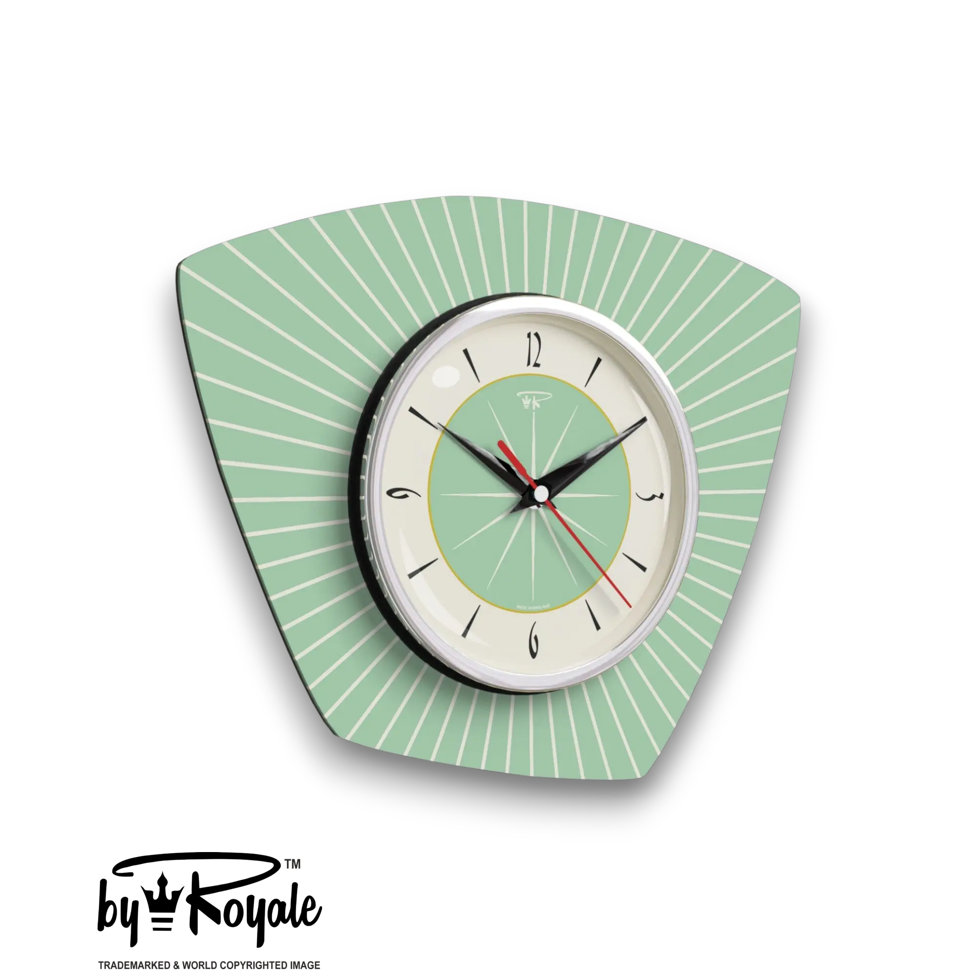 Mid Century Modern Royalexe Laminate Clock By Royale - Asymmetric in Mint Green