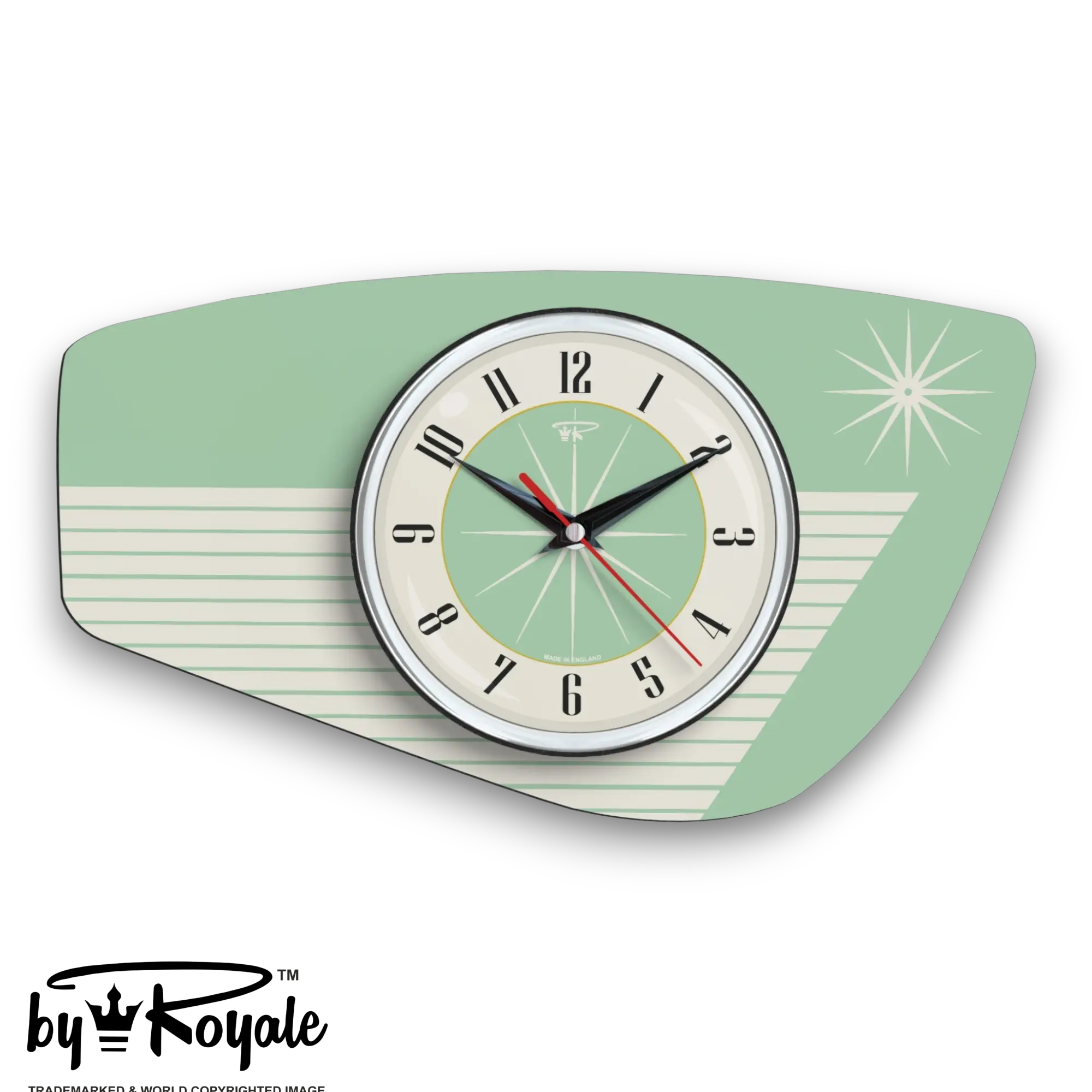 Mid Century Modern Royalexe Laminate Clock By Royale - Radio Grill in Mint Green