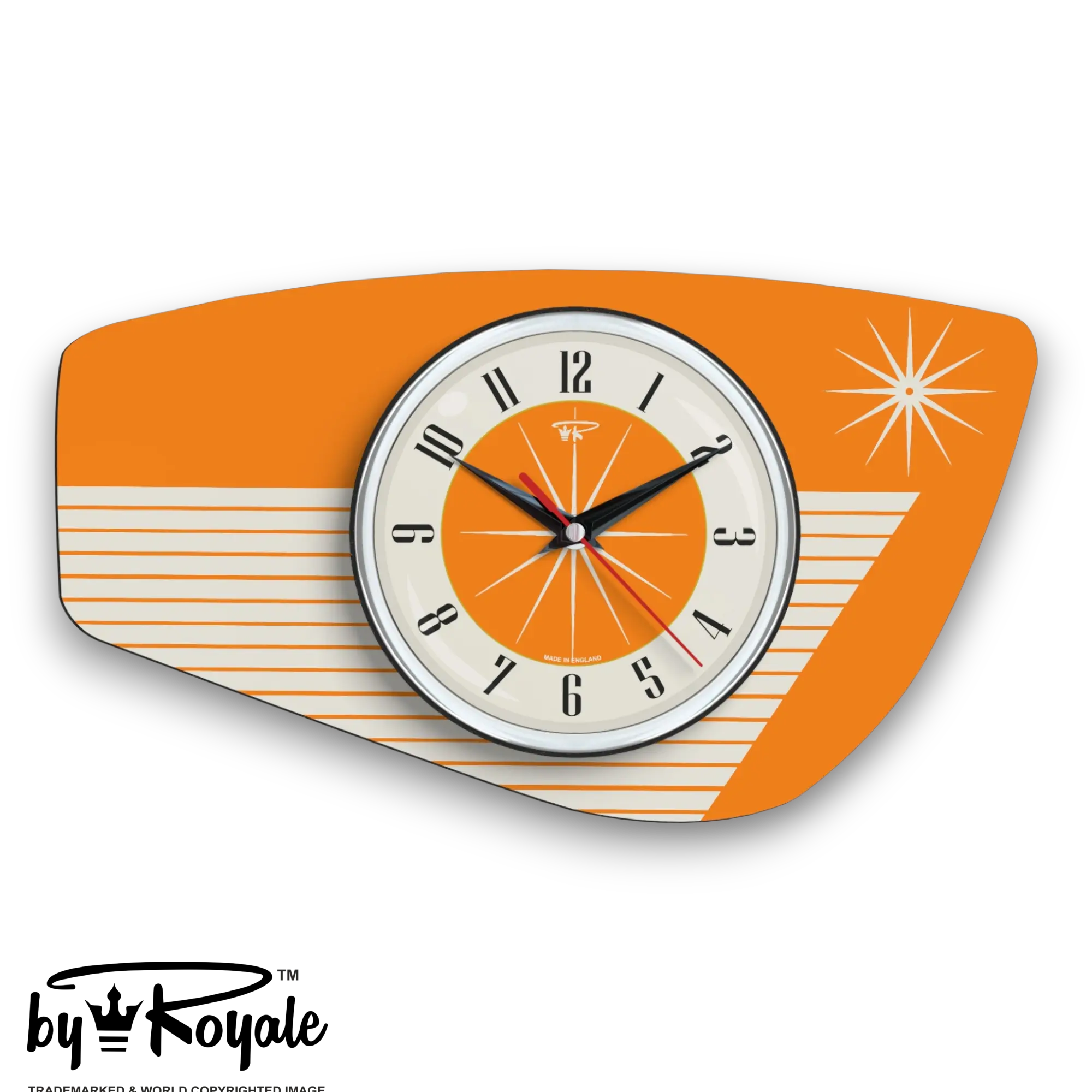 Mid Century Modern Royalexe Laminate Clock By Royale - Radio Grill in Orange