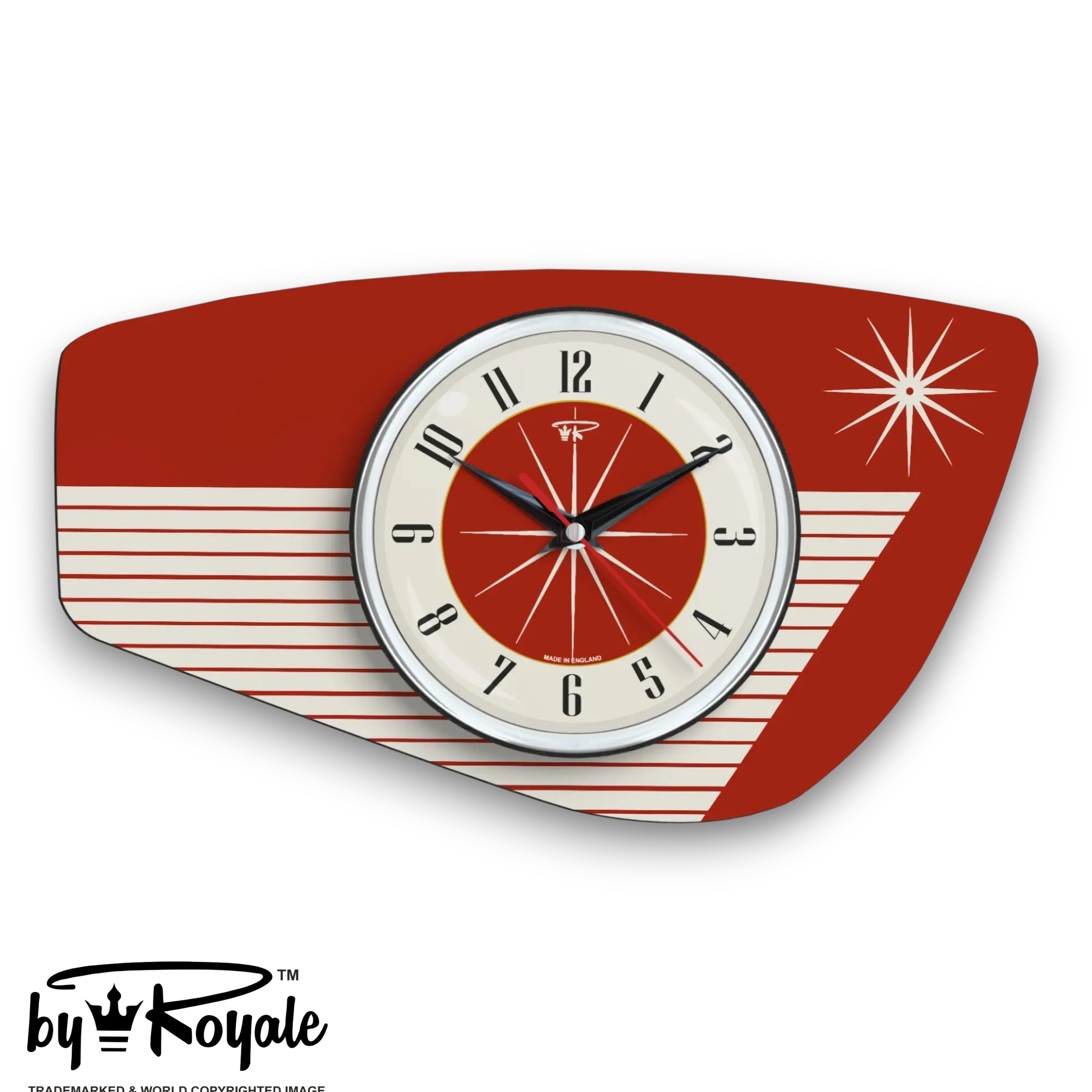 Mid Century Modern Royalexe Laminate Clock By Royale - Radio Grill in Tomato Red