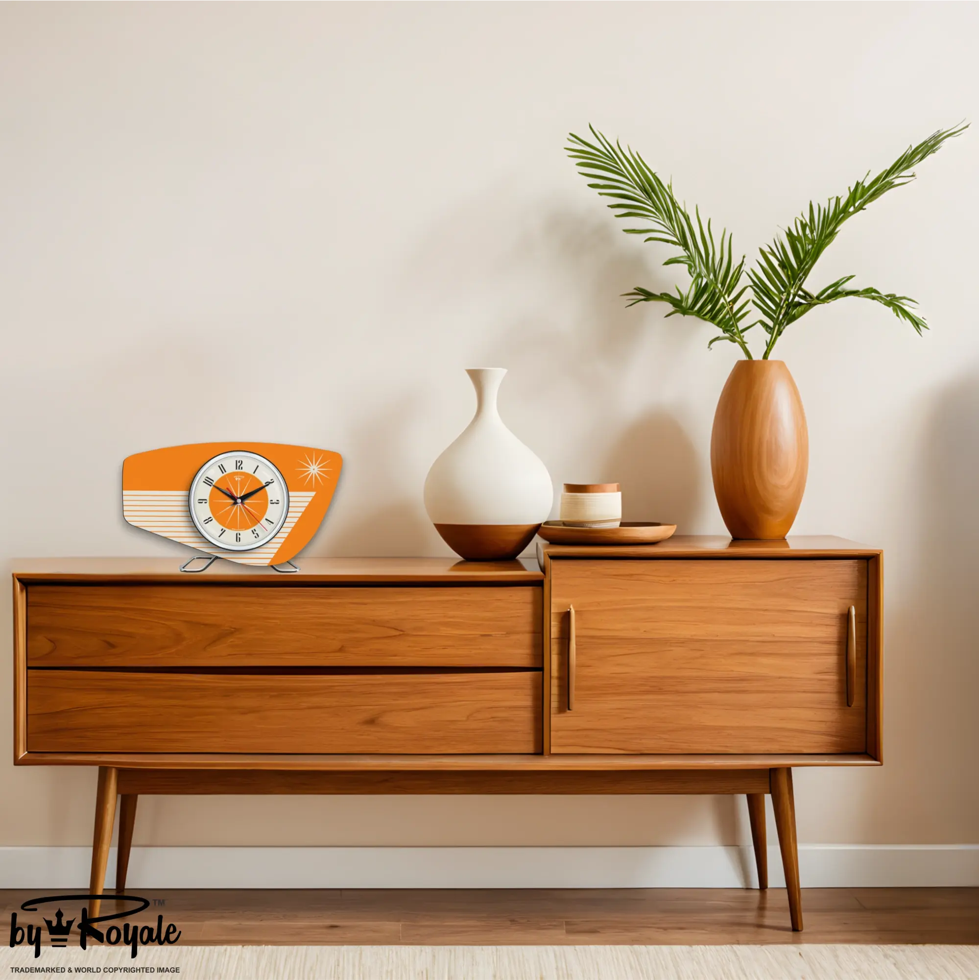Mid Century Modern Royalexe Laminate Clock By Royale - Radio Grill in Orange
