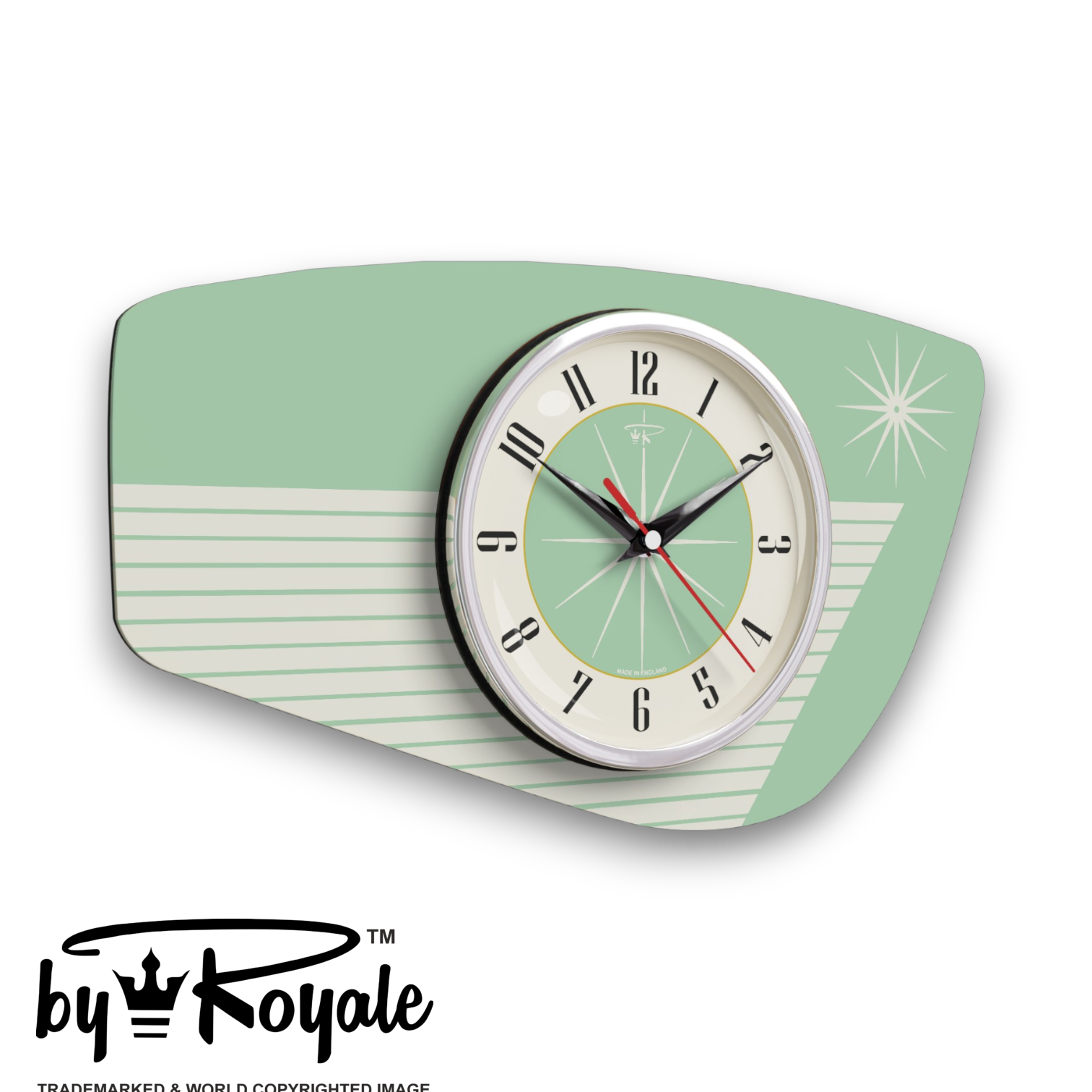 Mid Century Modern Royalexe Laminate Clock By Royale - Radio Grill in Mint Green gallery image