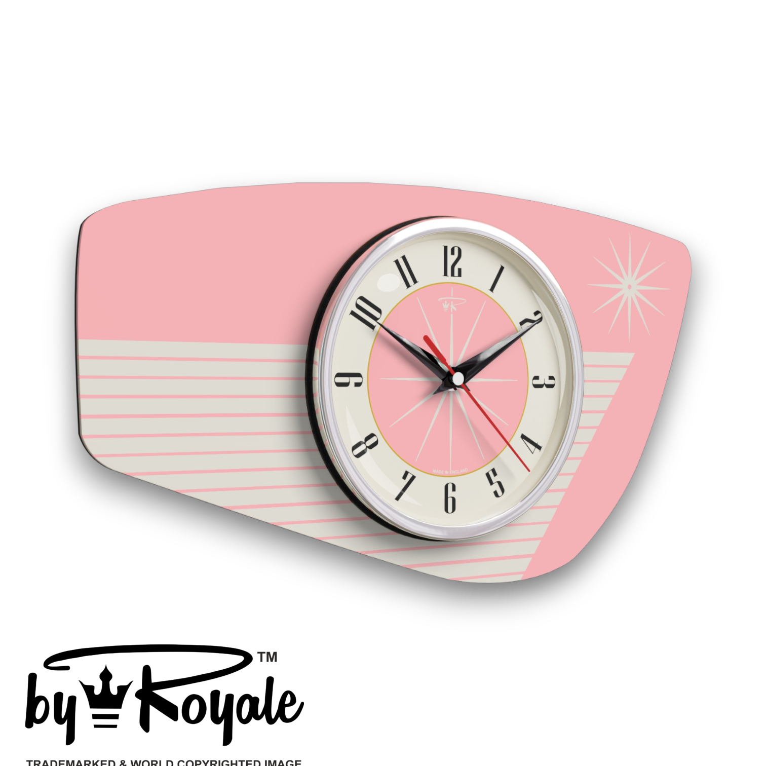 Mid Century Modern Royalexe Laminate Clock By Royale - Radio Grill in Pink