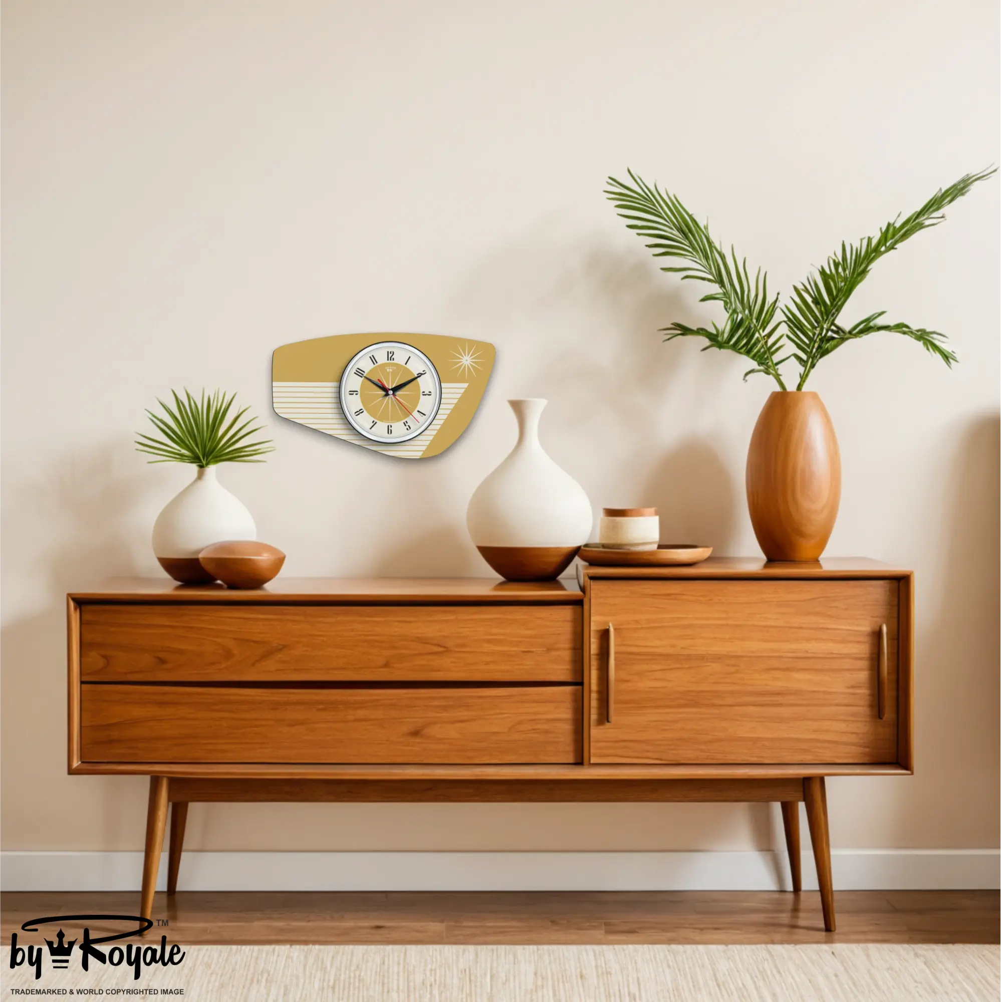 Mid Century Modern Royalexe Laminate Clock By Royale - Radio Grill in Burnt Gold