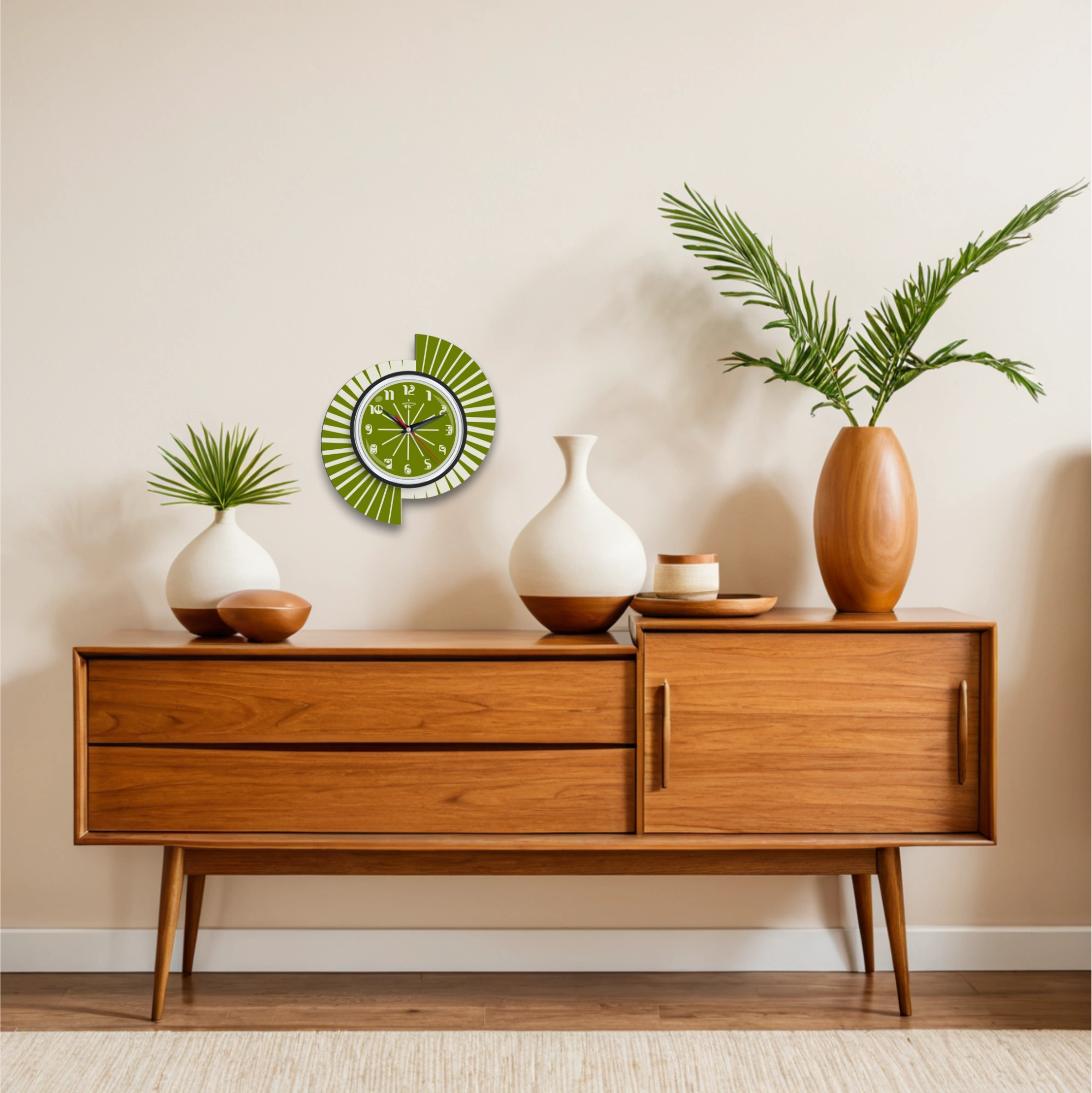Mid Century Modern Royalexe Laminate Clock By Royale - Split Atom in Avocado