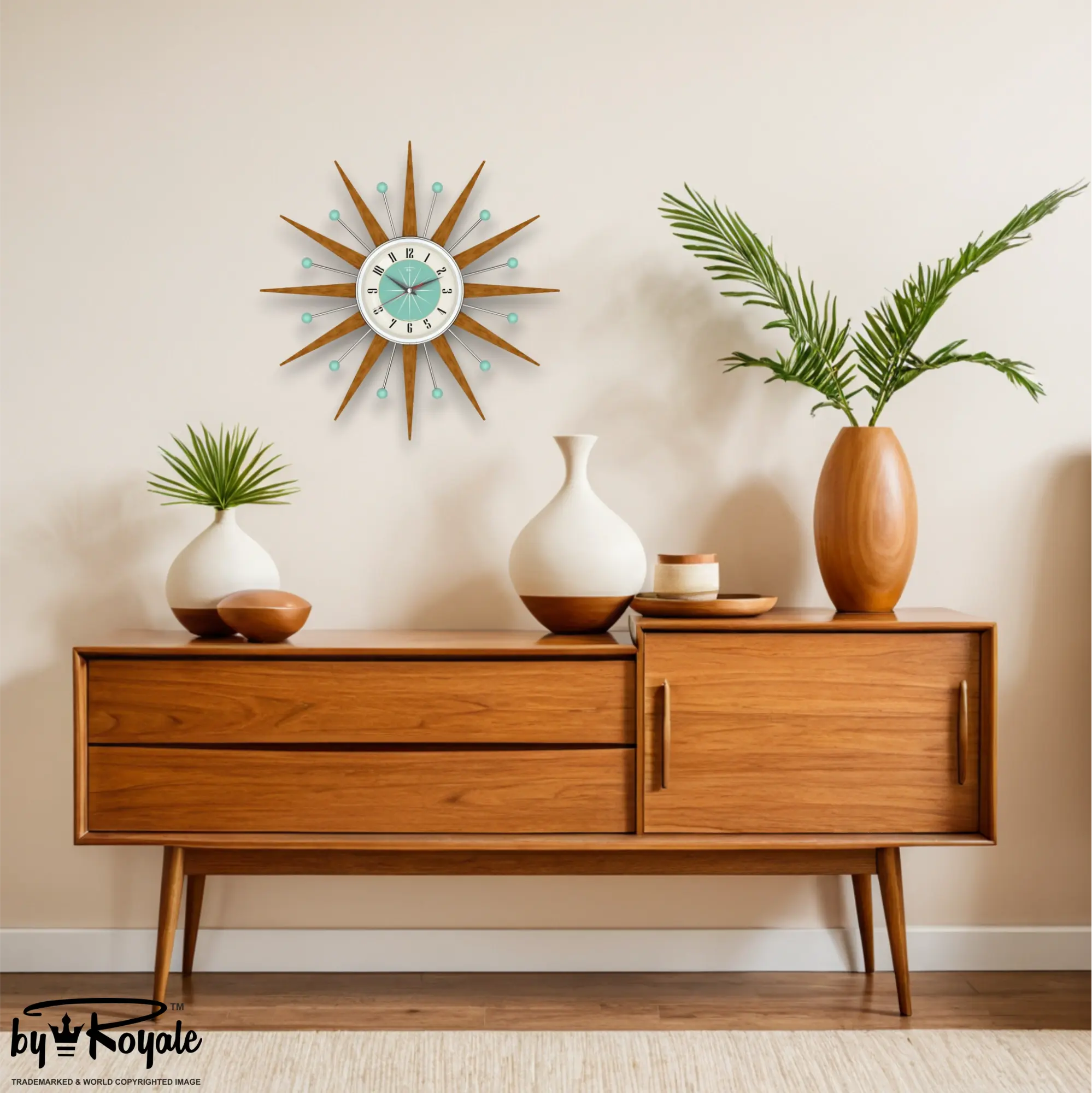 Mid Century Modern Starburst Wall Clock By Royale - Welby in Aquastone Green