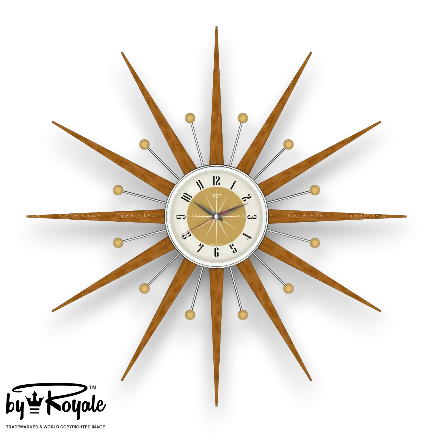 Mid Century Modern Starburst Wall Clock By Royale - Welby in Burnt Gold