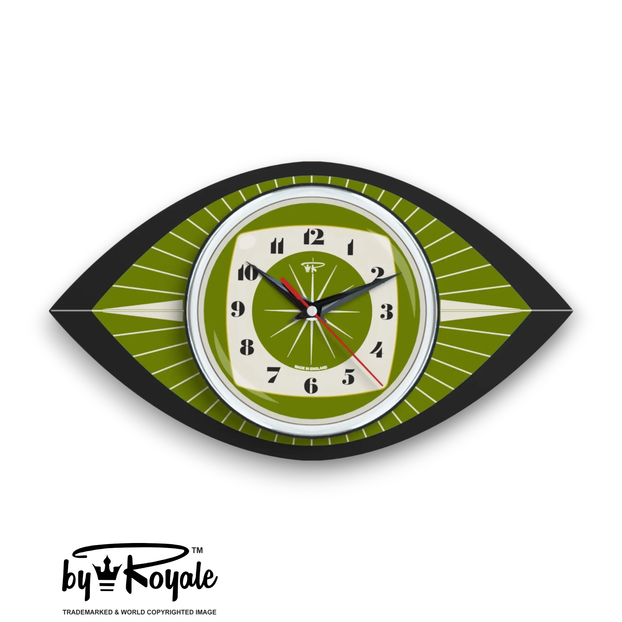 Mid Century Modern Royalexe Laminate Clock By Royale - Celeste Eye in Avocado