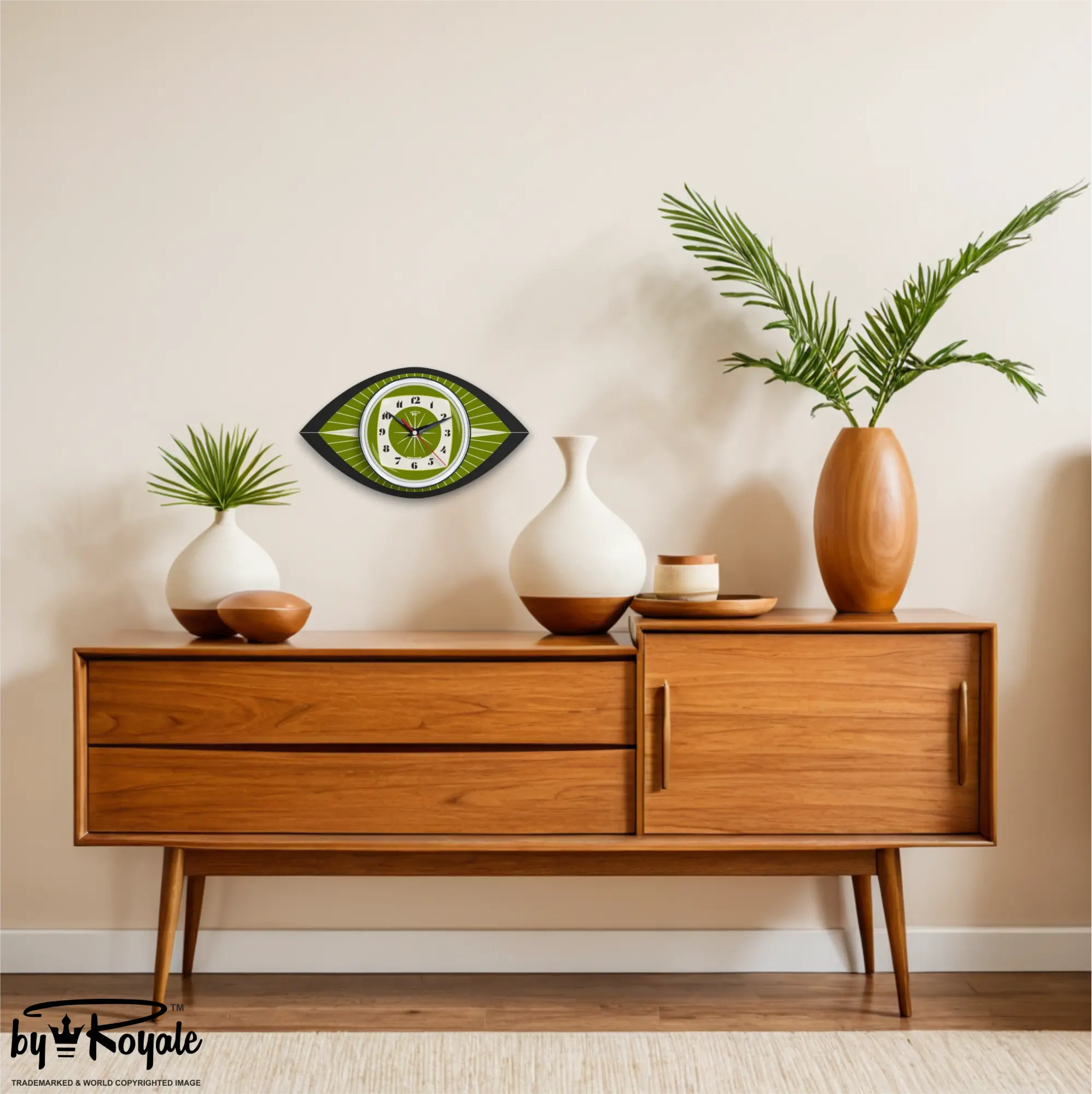 Mid Century Modern Royalexe Laminate Clock By Royale - Celeste Eye in Avocado