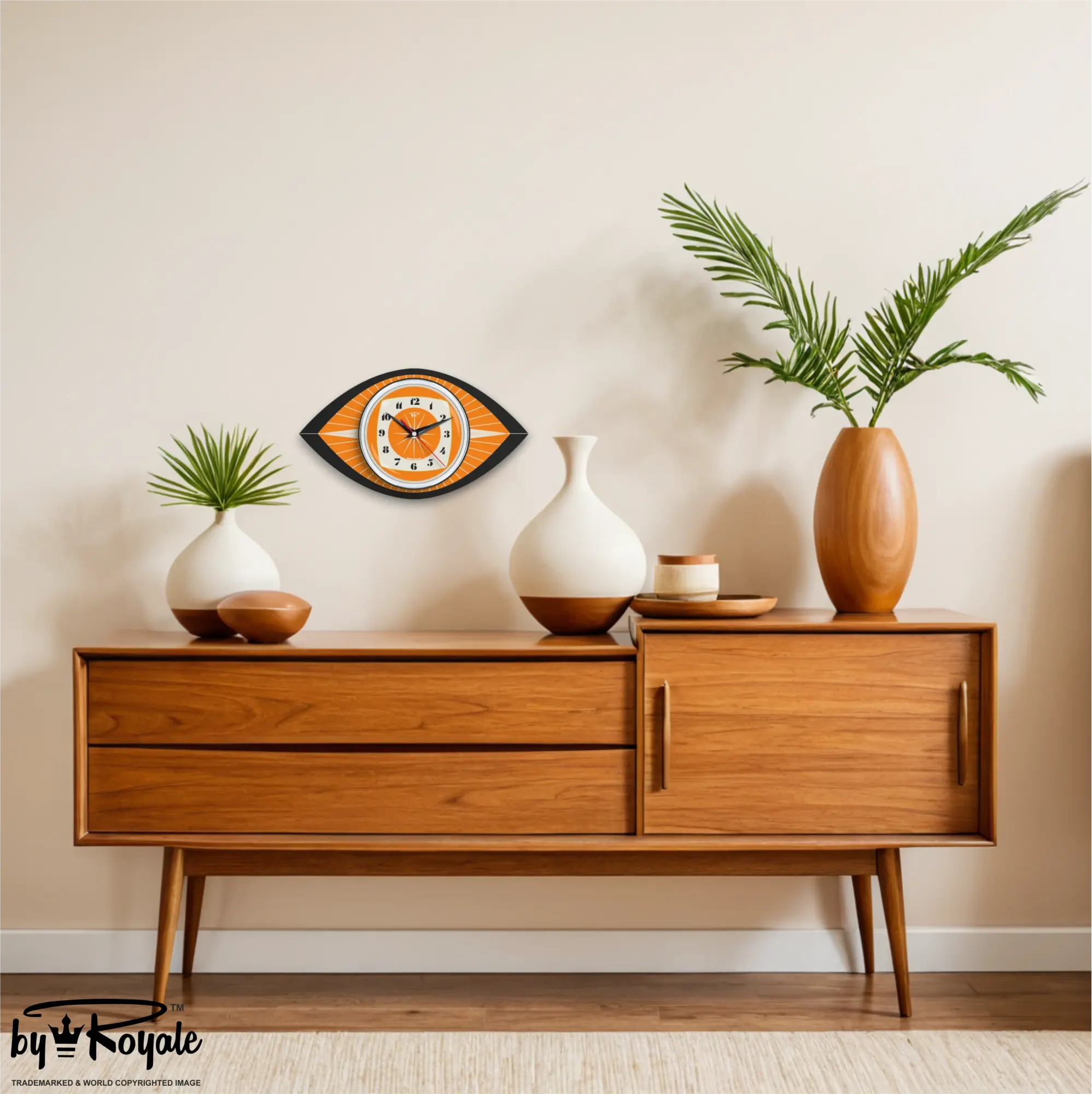 Mid Century Modern Royalexe Laminate Clock By Royale - Celeste Eye in Orange
