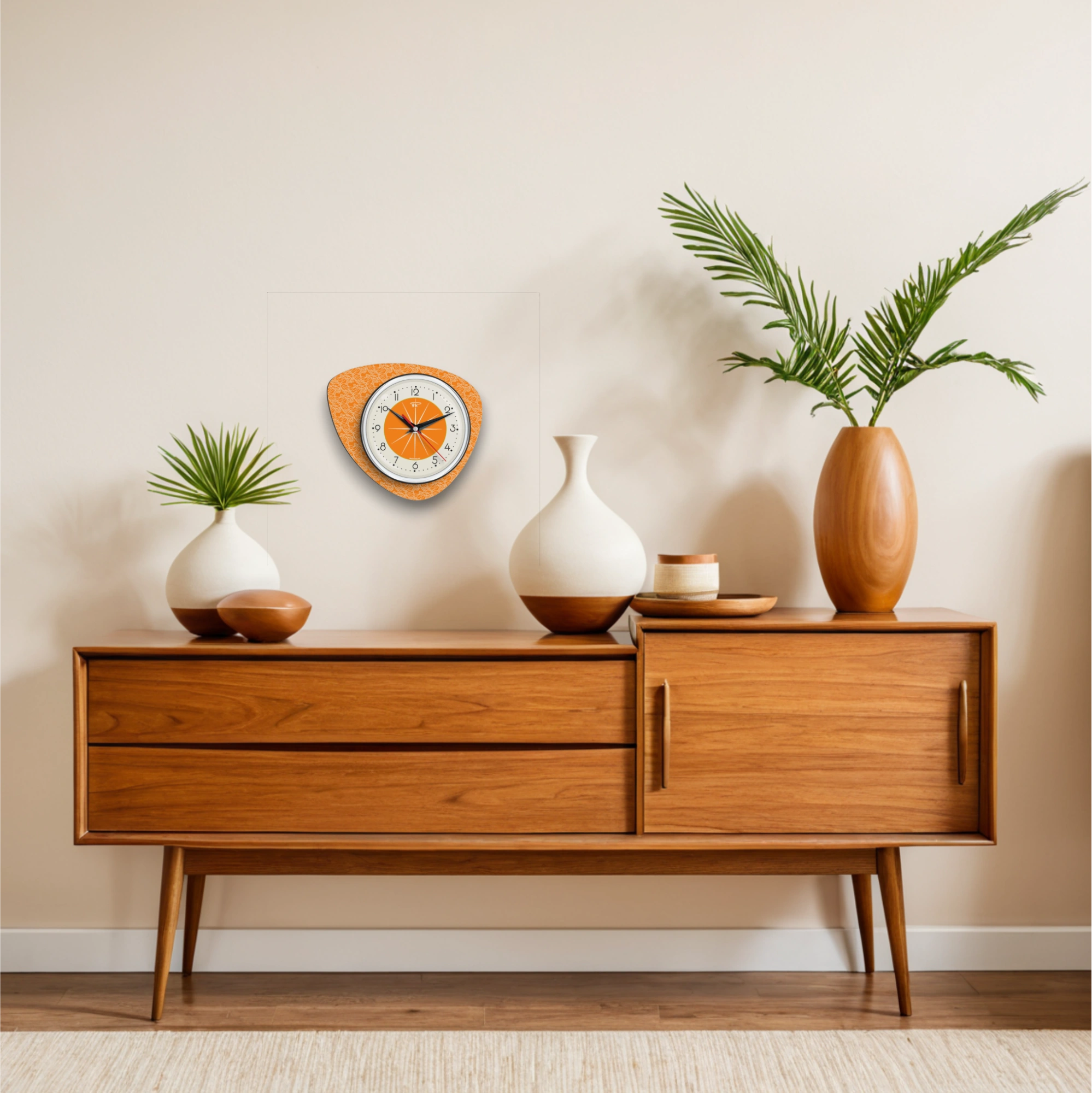 Mid Century Modern Royalexe Laminate Clock By Royale - Pebble in Orange