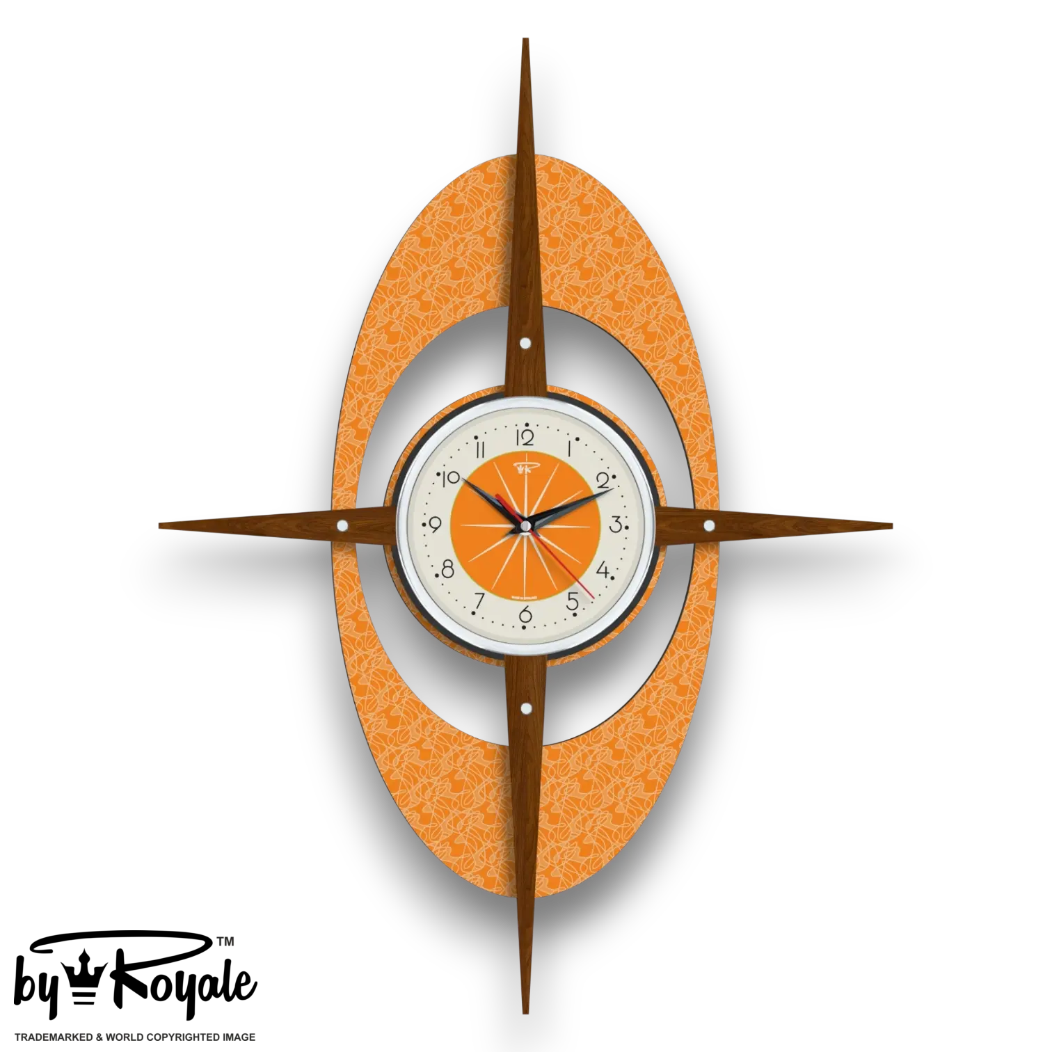 Mid Century Modern Royalexe Laminate Clock By Royale - Gambit Starburst Orange