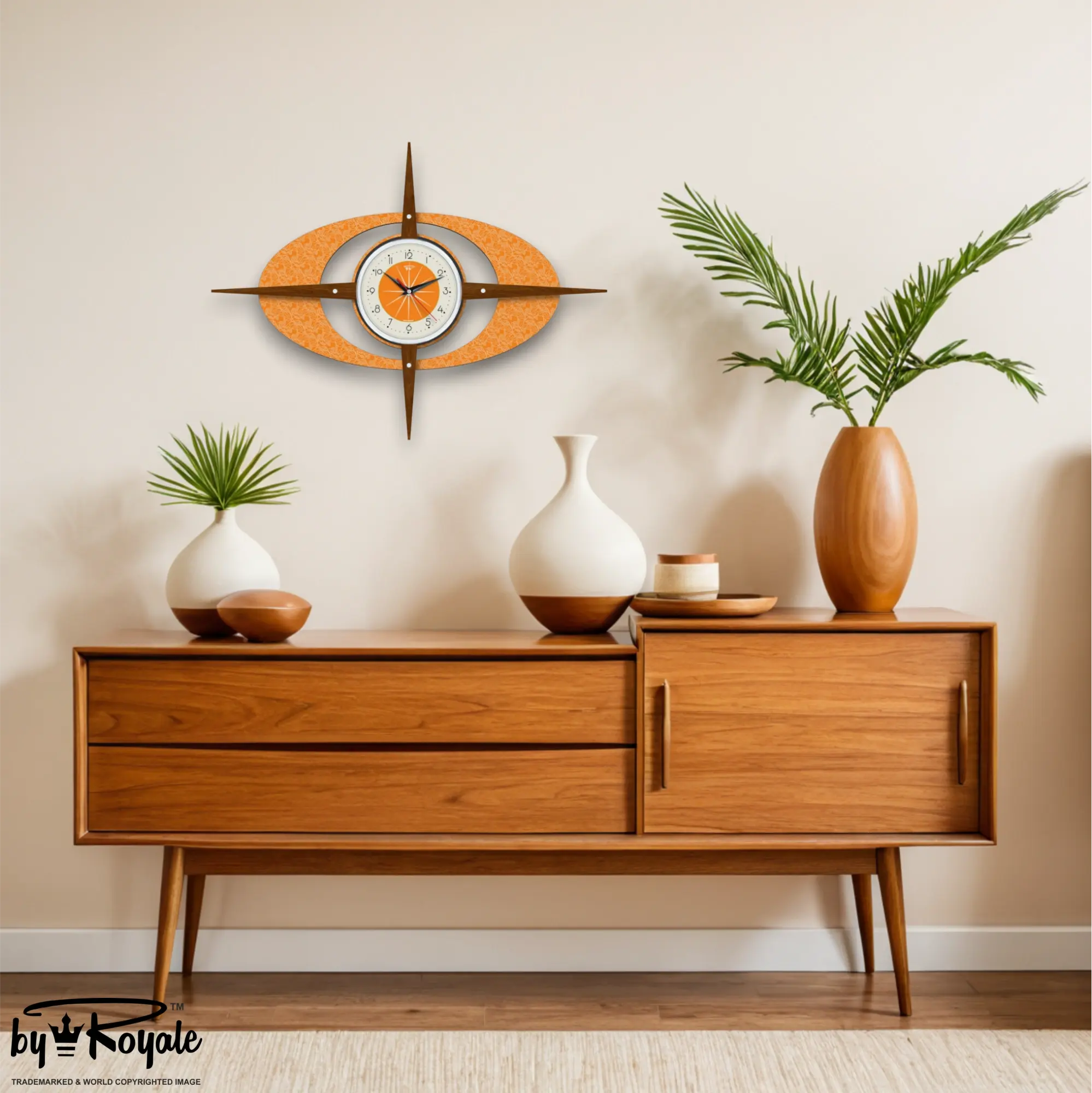Mid Century Modern Royalexe Laminate Clock By Royale - Gambit Starburst Orange