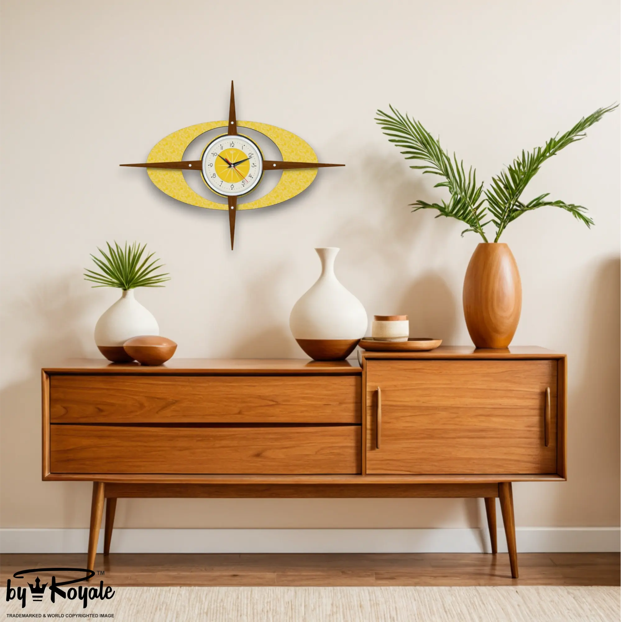 Mid Century Modern Royalexe Laminate Clock By Royale - Gambit Starburst Yellow