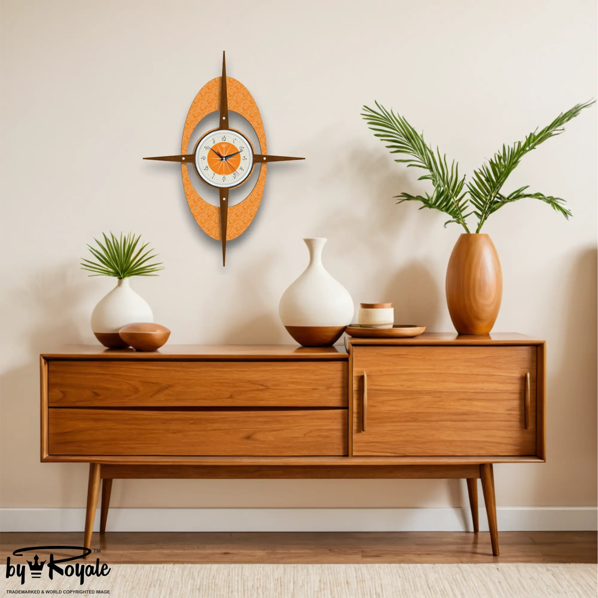 Mid Century Modern Royalexe Laminate Clock By Royale - Gambit Starburst Orange