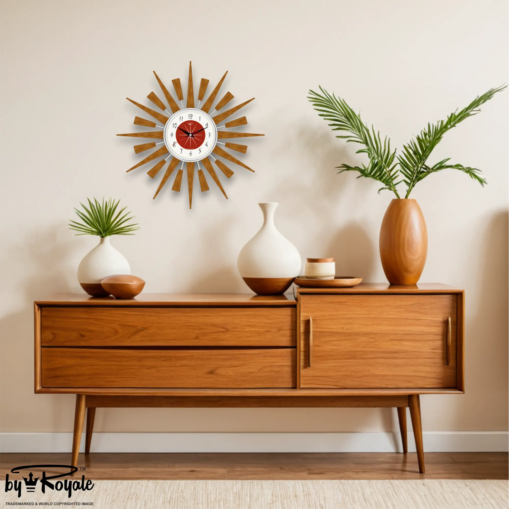 Mid Century Modern Starburst Wall Clock By Royale - The Jentique in Tomato Red