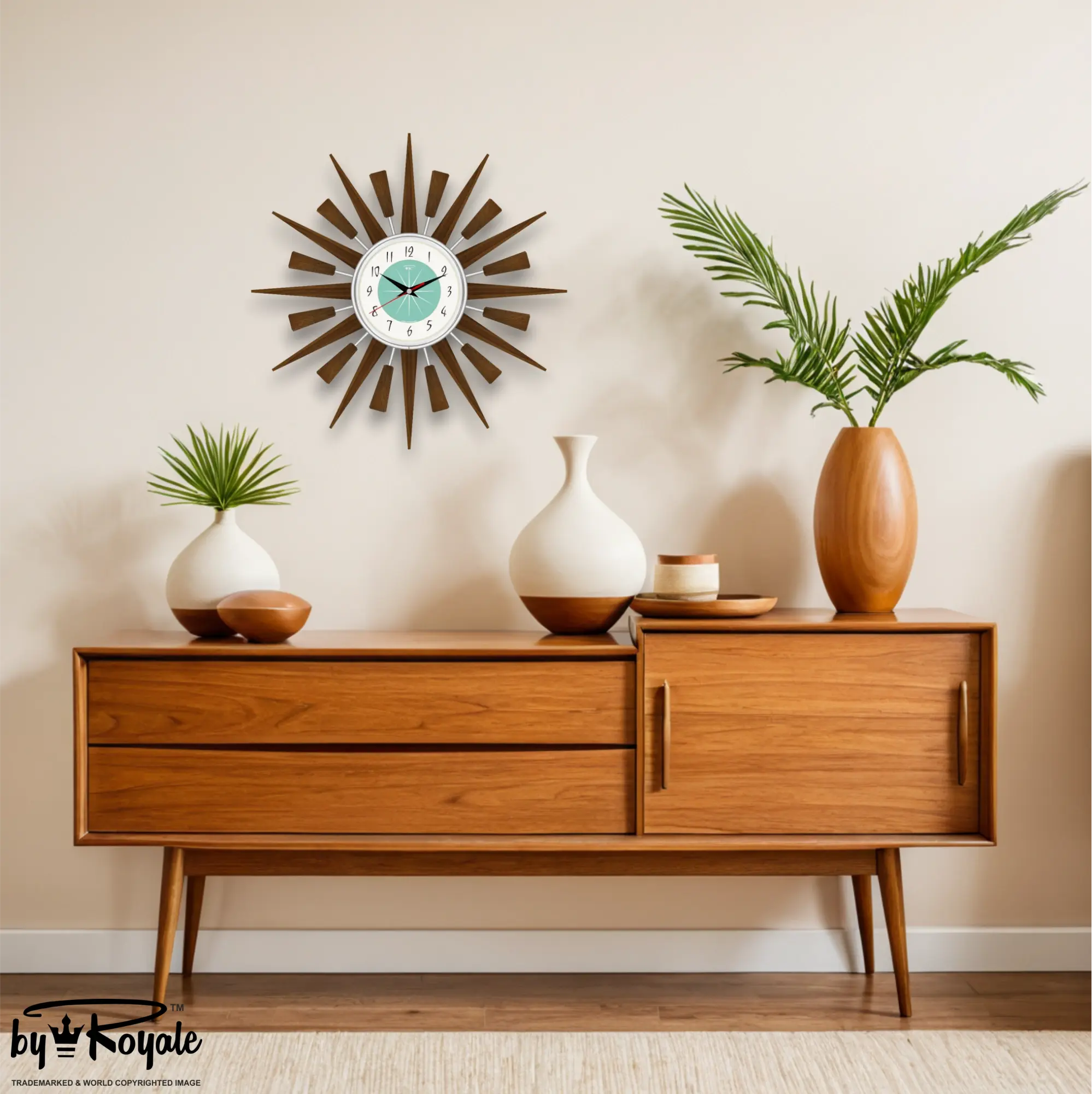 Mid Century Modern Starburst Wall Clock By Royale - The Jentique in Aquastone gallery image