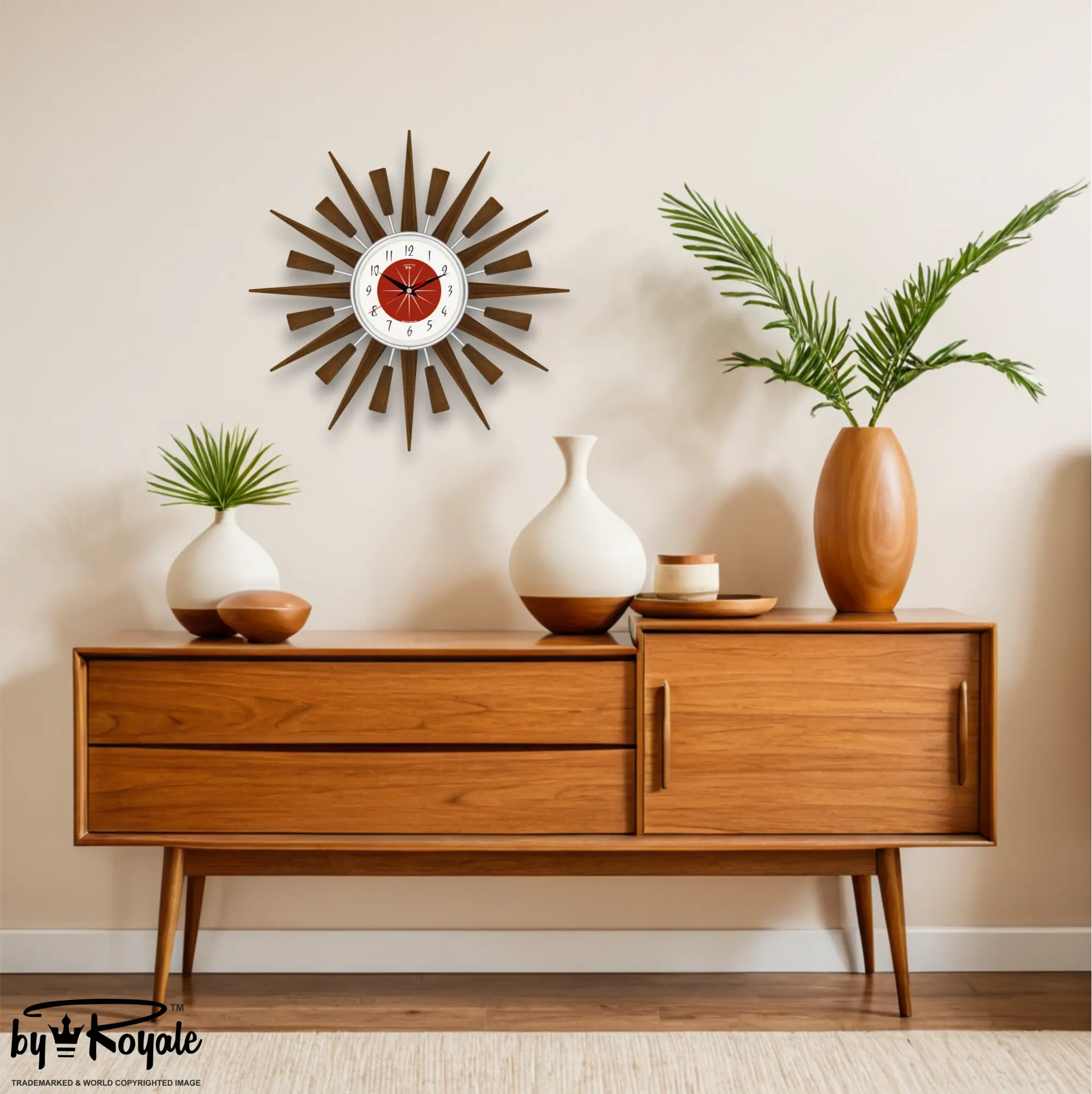 Mid Century Modern Starburst Wall Clock By Royale - The Jentique in Tomato Red gallery image