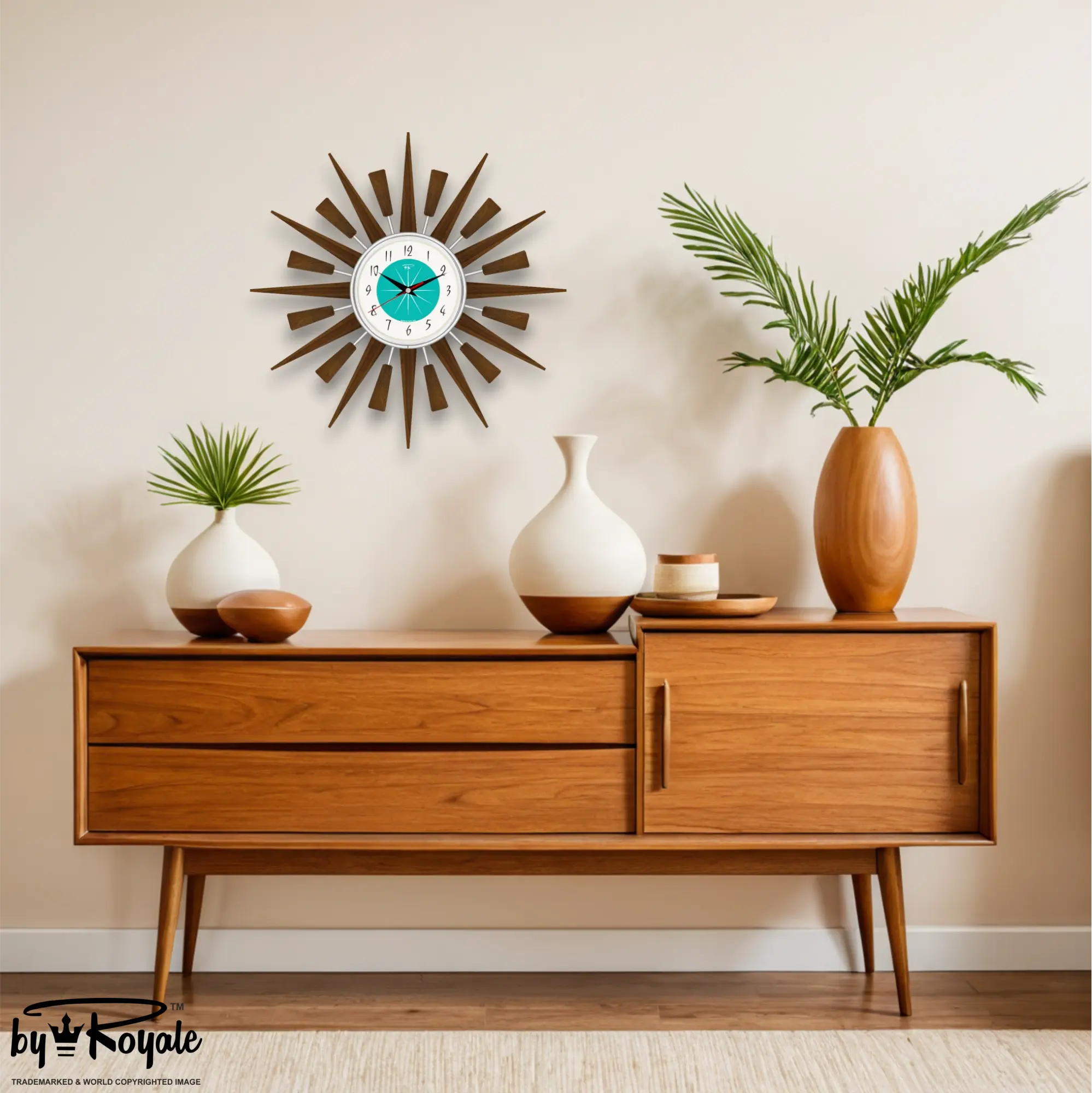 Mid Century Modern Starburst Wall Clock By Royale - The Jentique in Turquoise gallery image