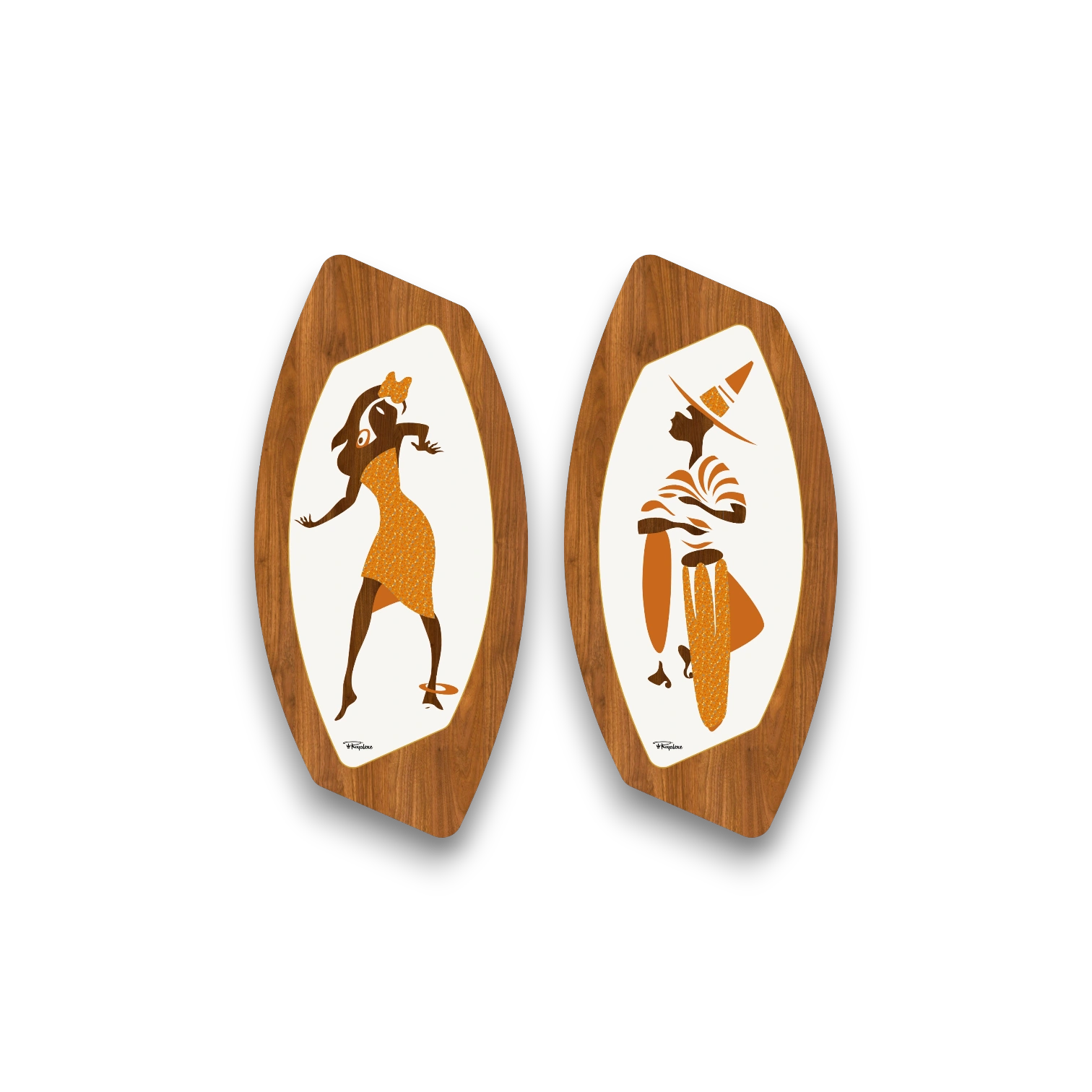 Mid Century Modern Royalexe Wall Art Plaques By Royale - Pair of Orange Bongo Dancers