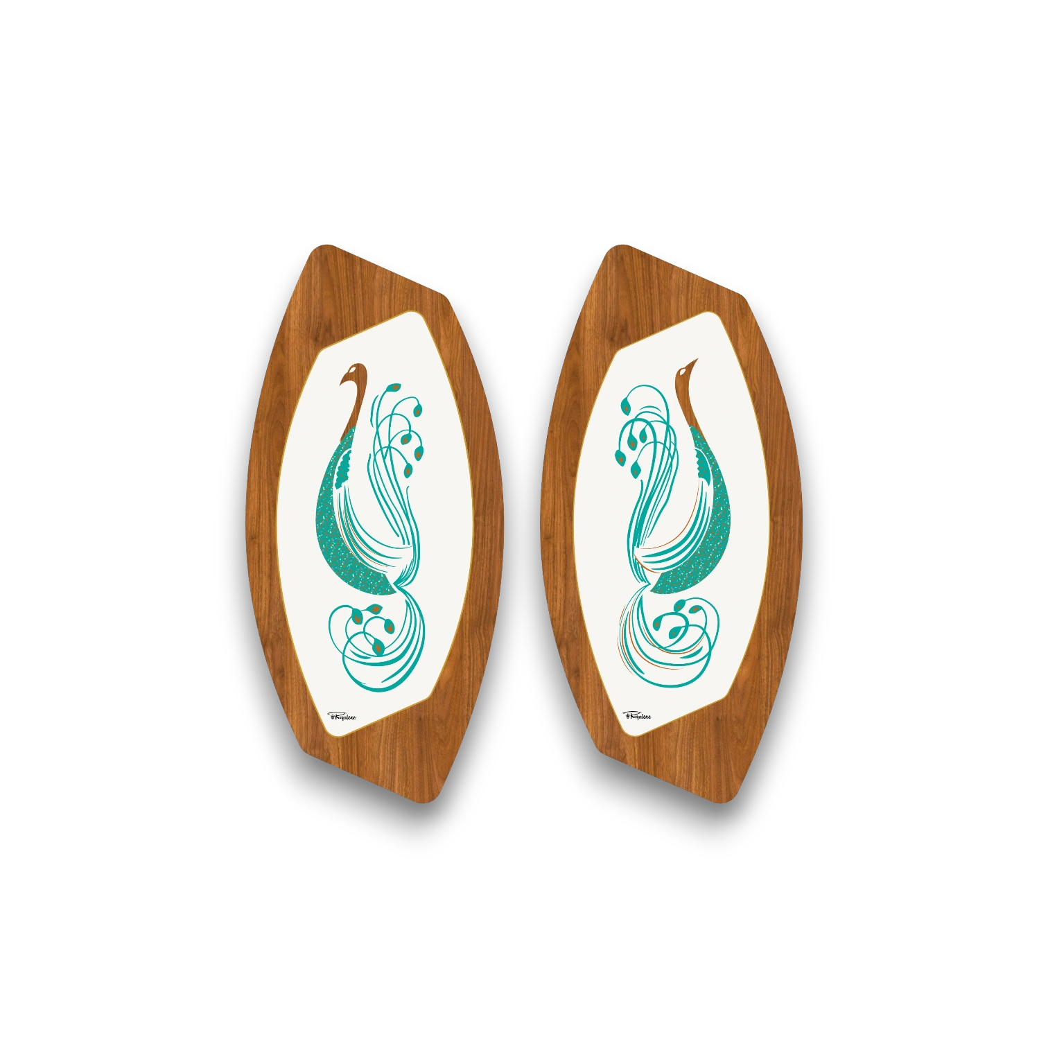 Mid Century Modern Royalexe Wall Art Plaques By Royale - Pair of Turquoise Peacocks