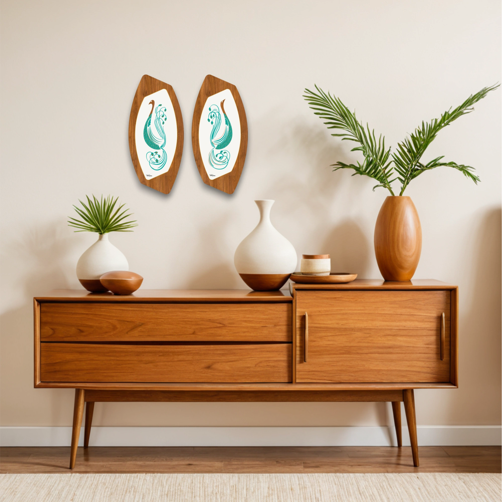 Mid Century Modern Royalexe Wall Art Plaques By Royale - Pair of Turquoise Peacocks gallery image