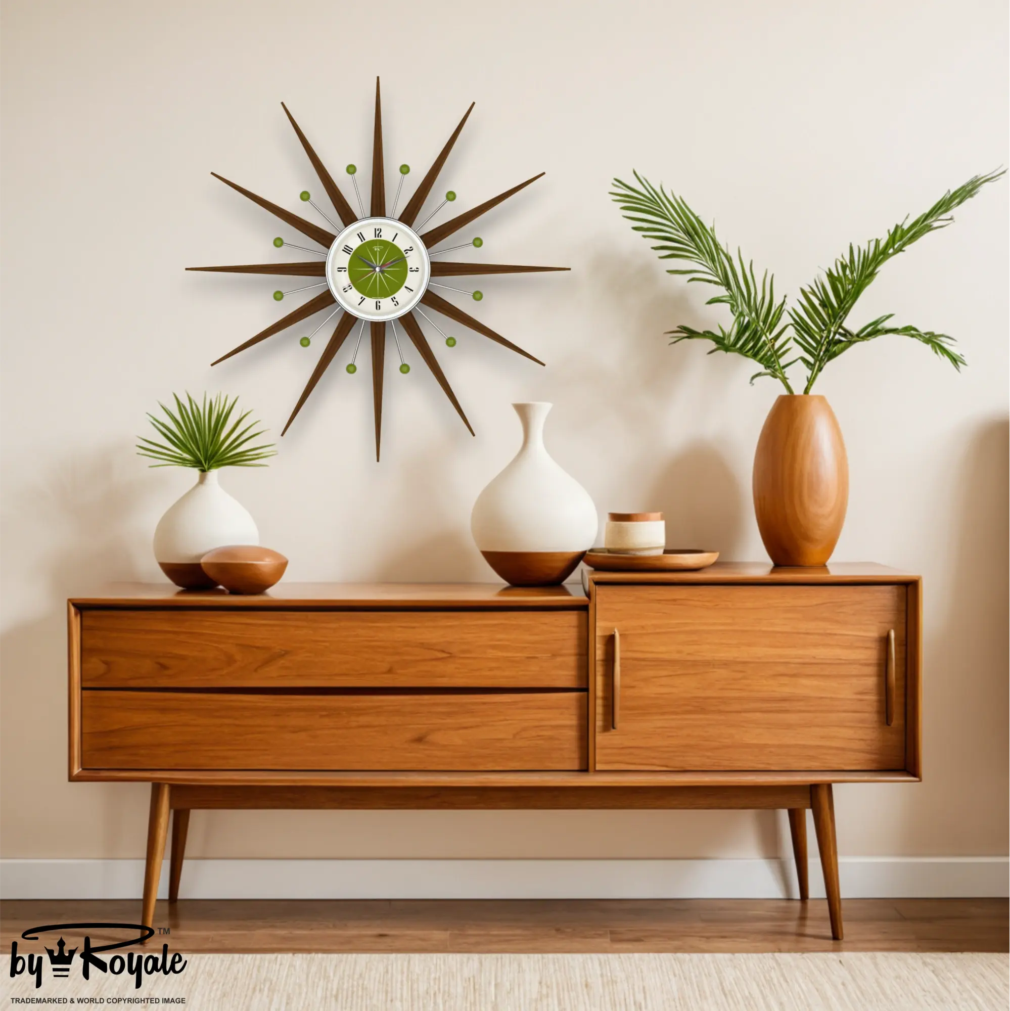 Mid Century Modern Starburst Wall Clock By Royale - Welby in Avocado Green