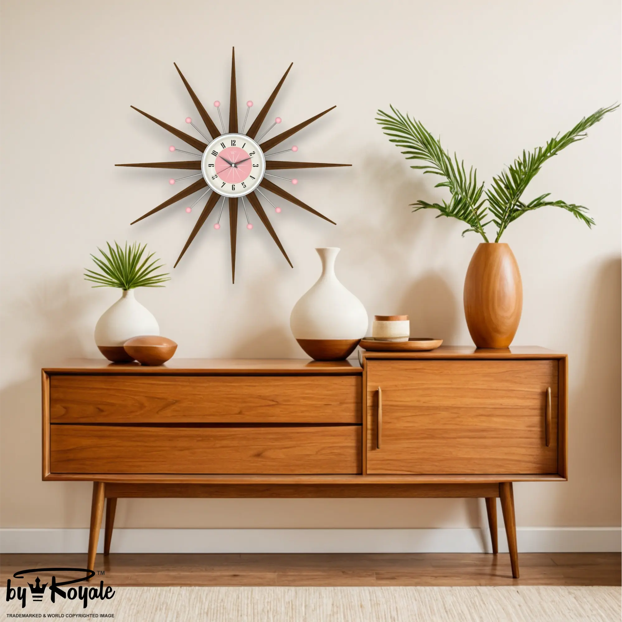 Mid Century Modern Starburst Wall Clock By Royale – Welby in Pink